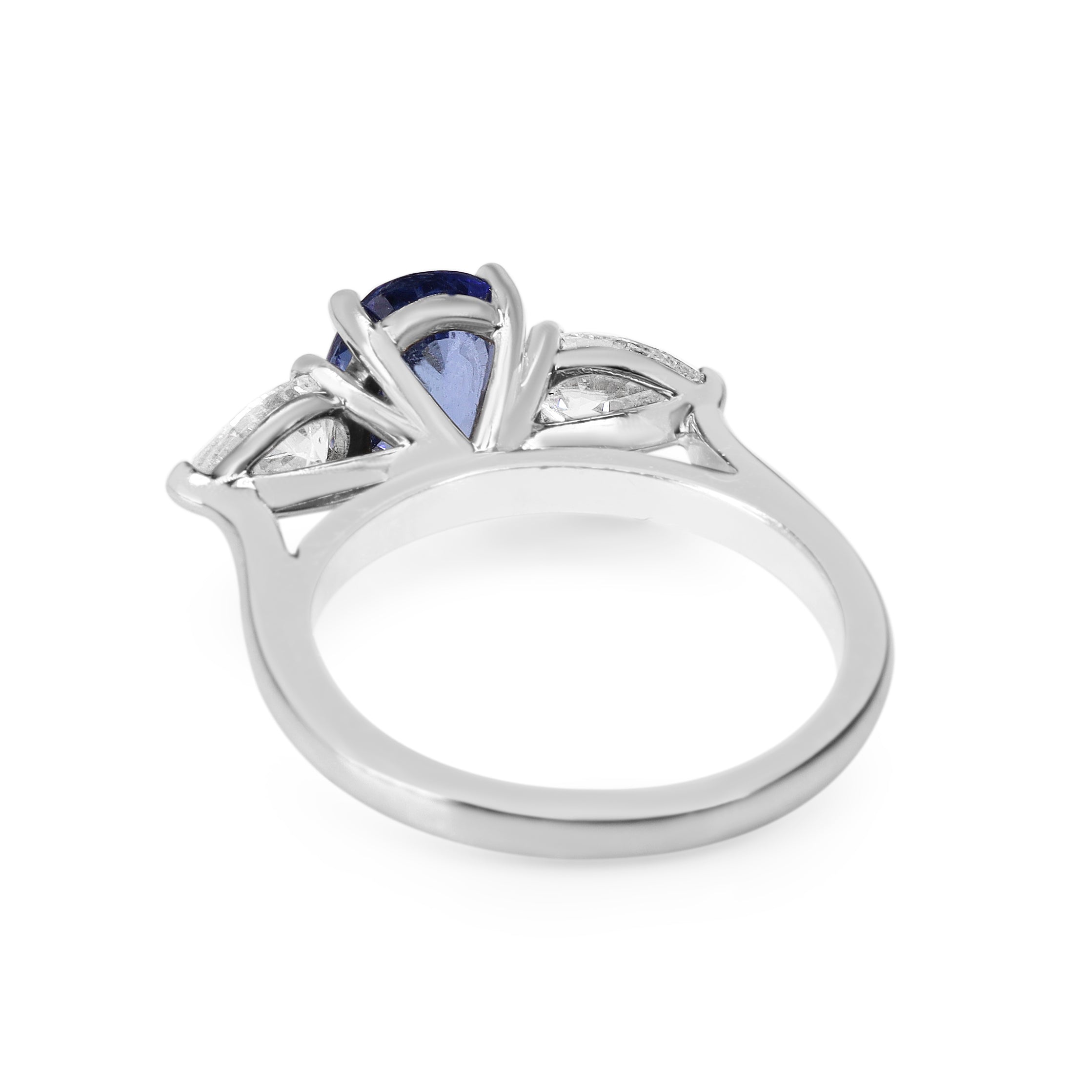 18ct White Gold Cornflower Blue Oval Sapphire and Pear Diamond 3 Stone Ring