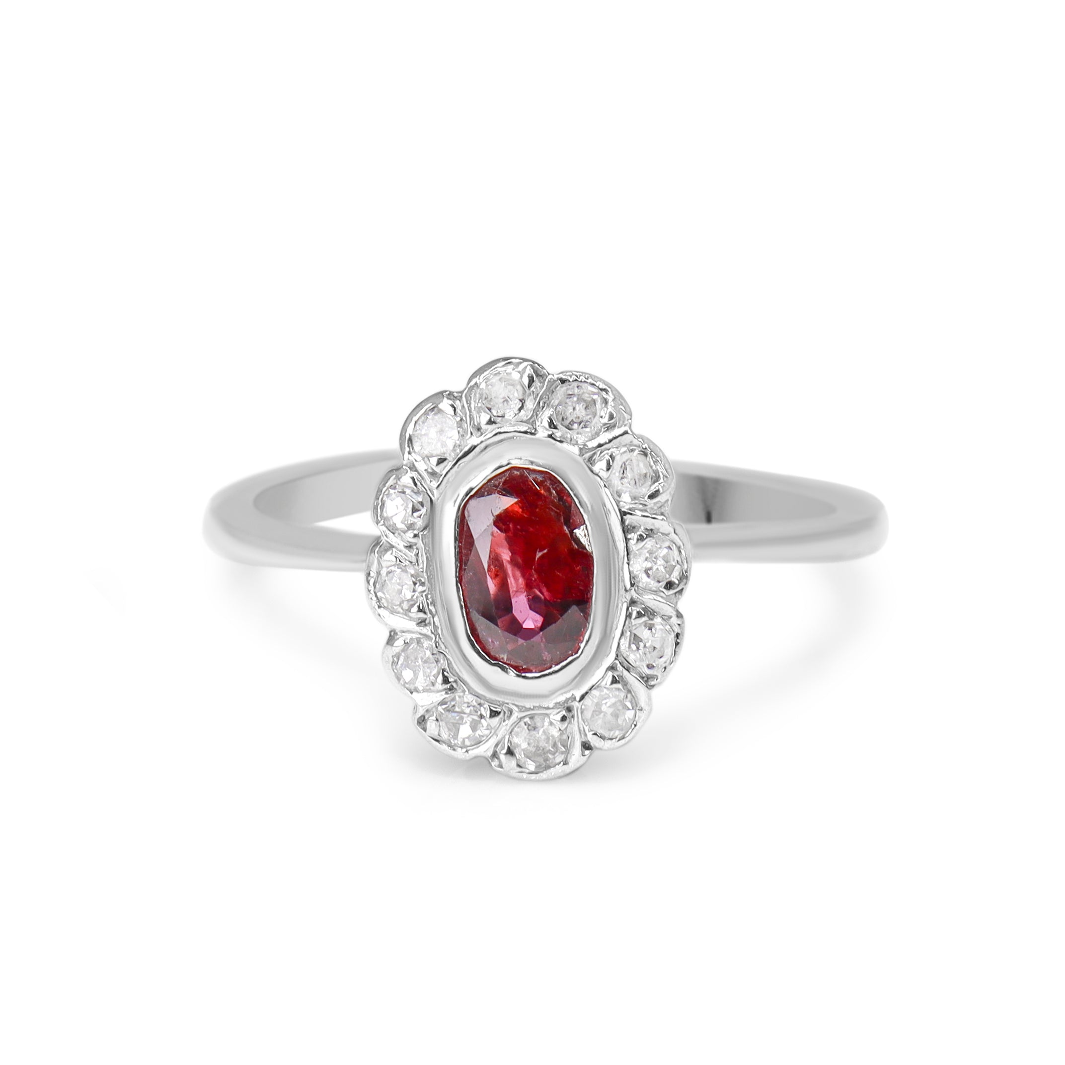 Platinum Ruby and Single Cut Diamond Halo Ring