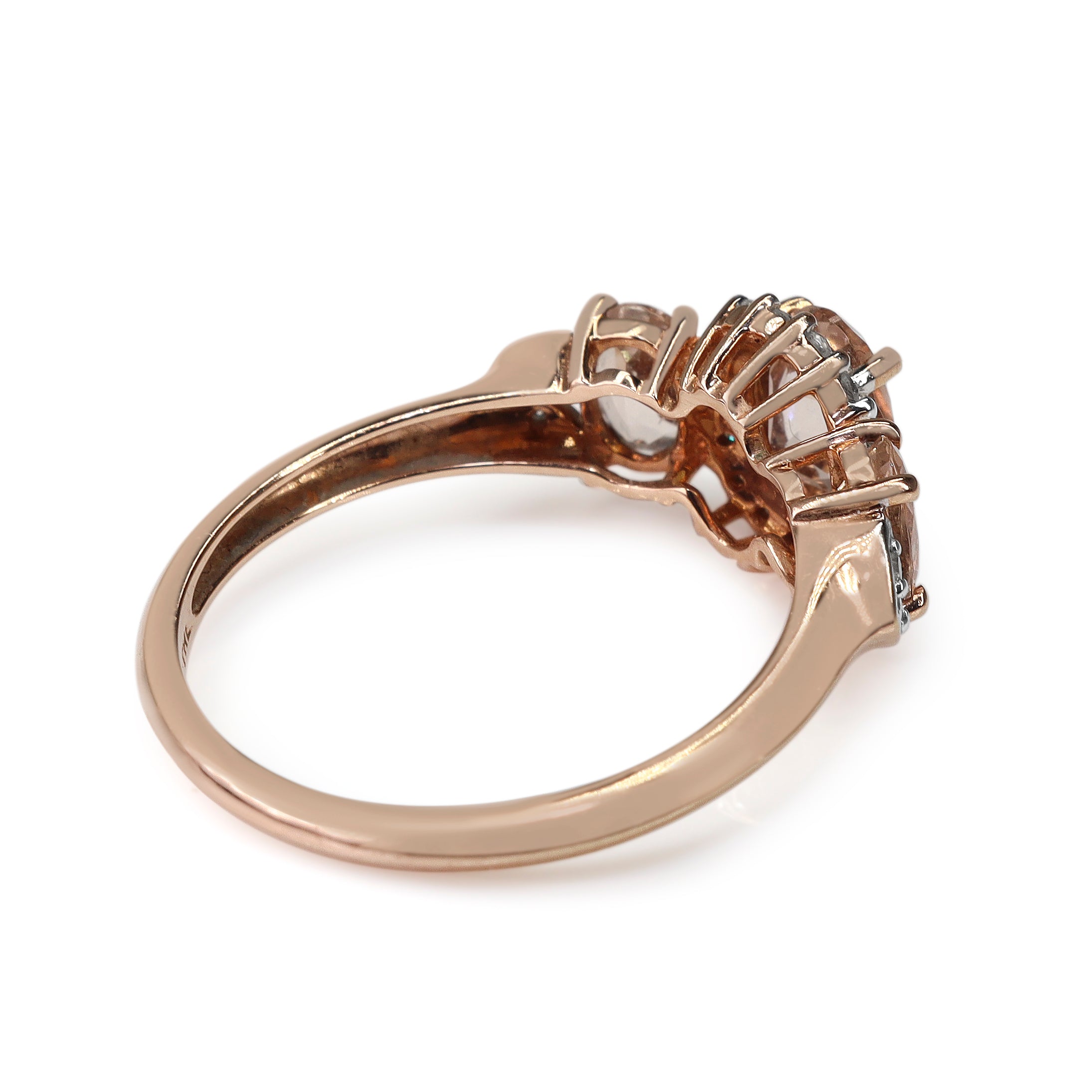 9ct Rose Gold 3 Stone Morganite and Diamond Halo Ring