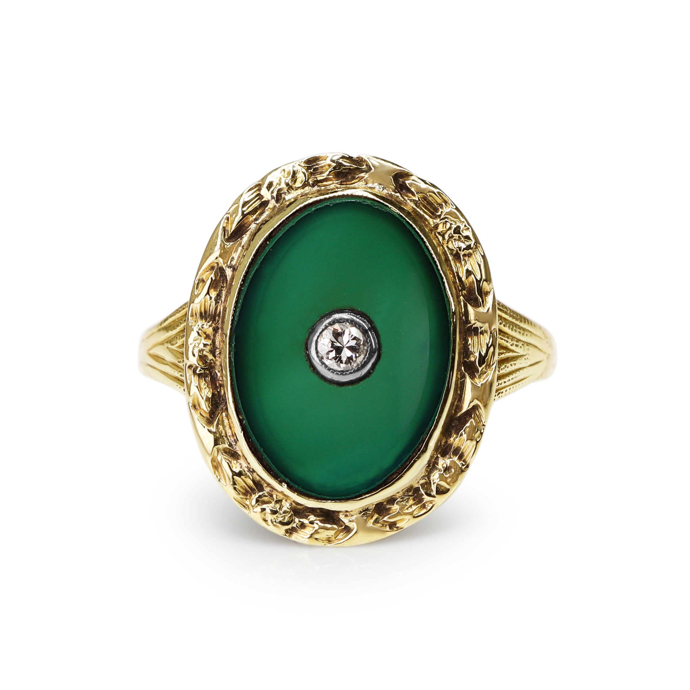 14ct Yellow Gold Vintage Jade and Diamond Etched Ring