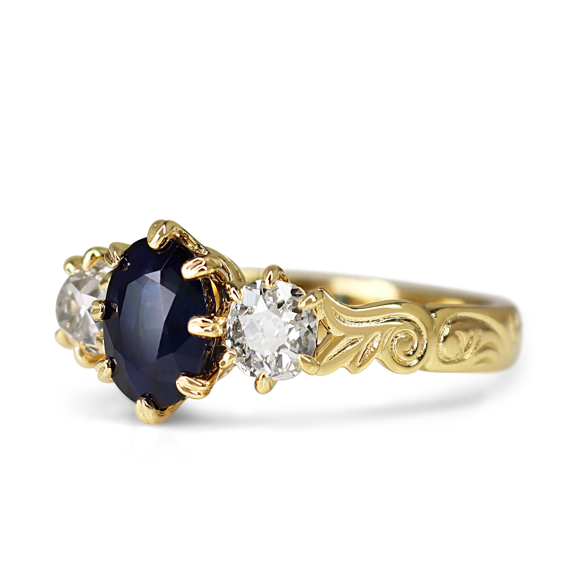 18ct Yellow Gold Antique Style Sapphire and Old Cut Diamond 3 Stone Ring