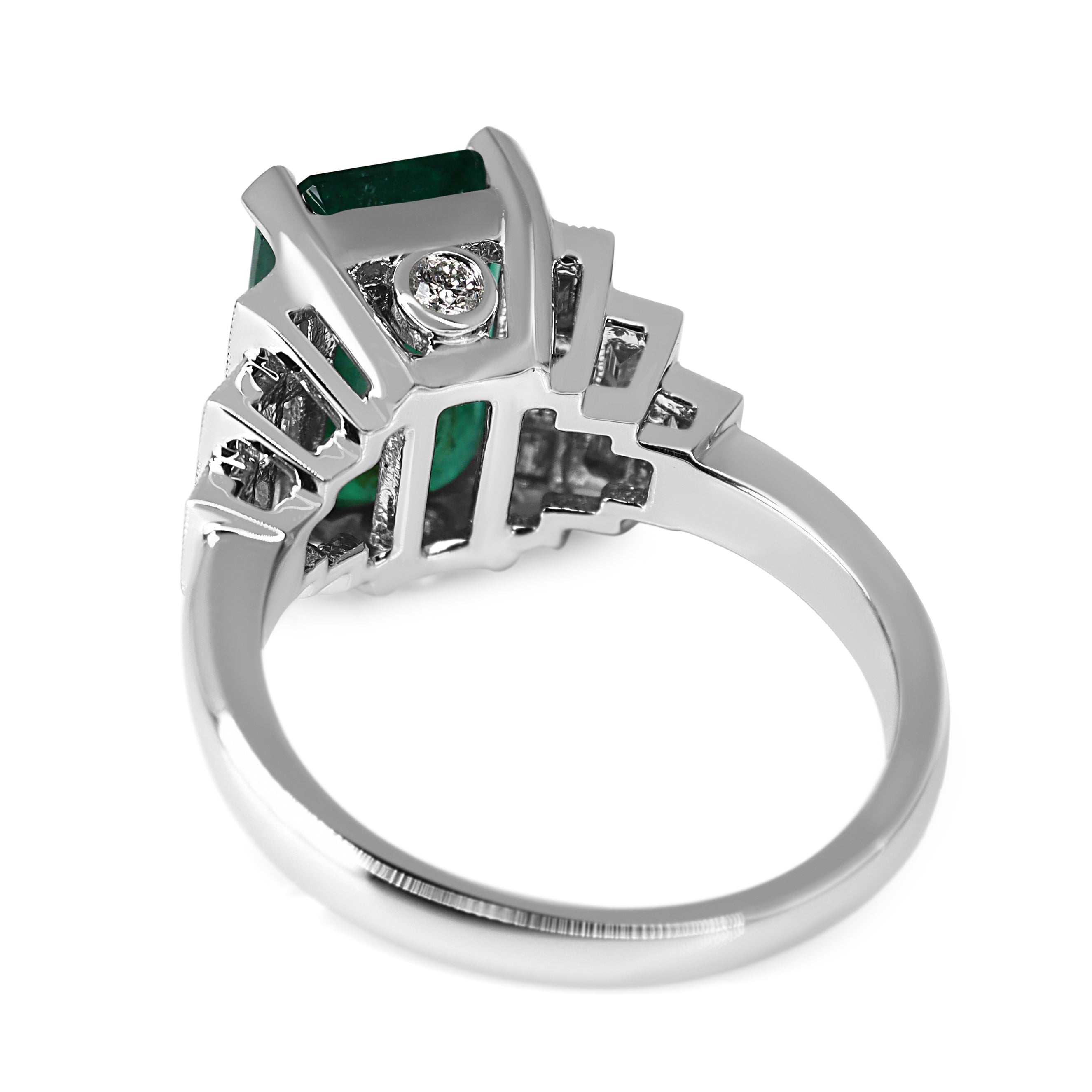 Platinum Emerald and Baguette Diamond Art Deco Style Ring
