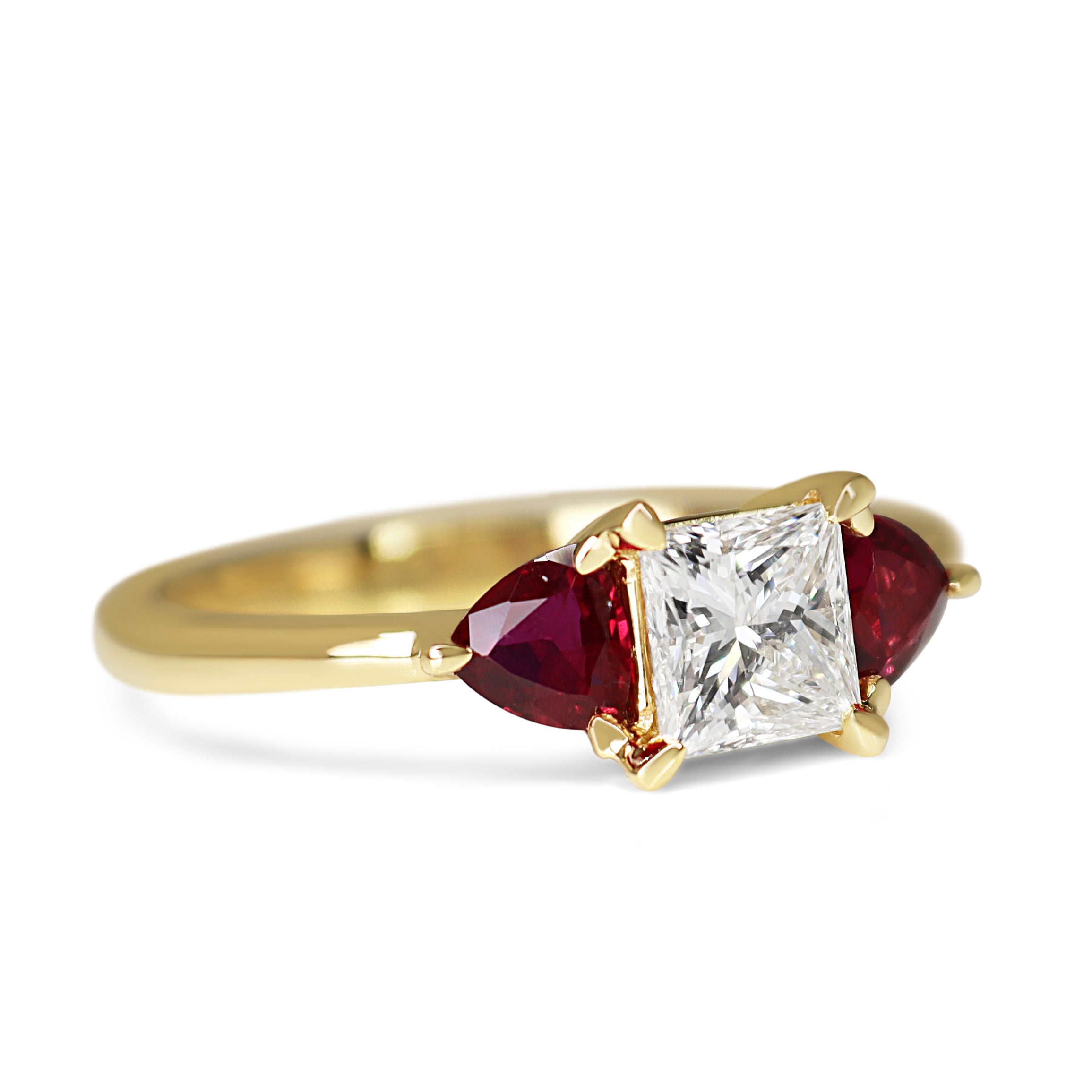18ct Yellow Gold Princess Cut Diamond and Trillion Cut Ruby 3 Stone Ring