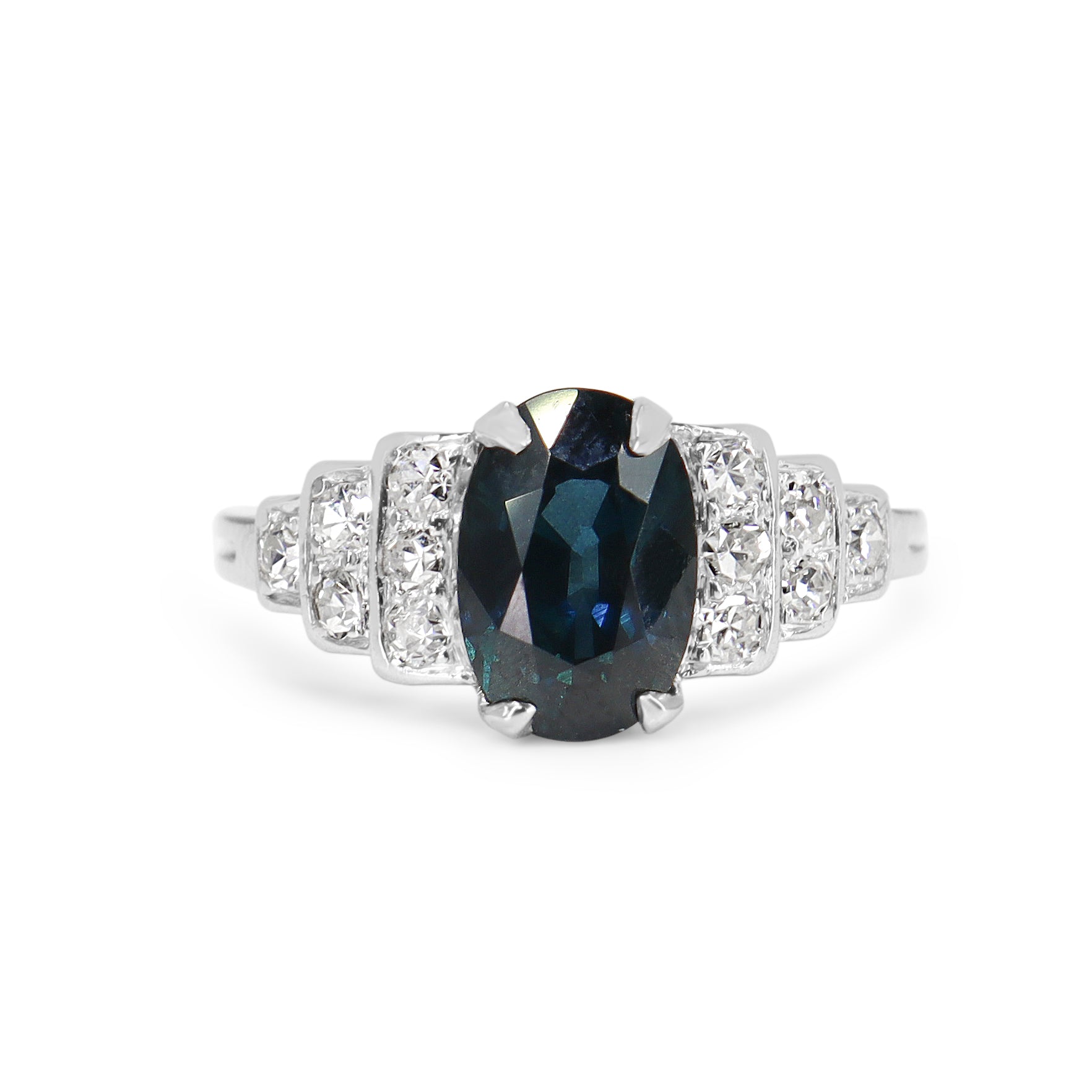 Platinum Sapphire and Single Cut Diamond Art Deco Ring