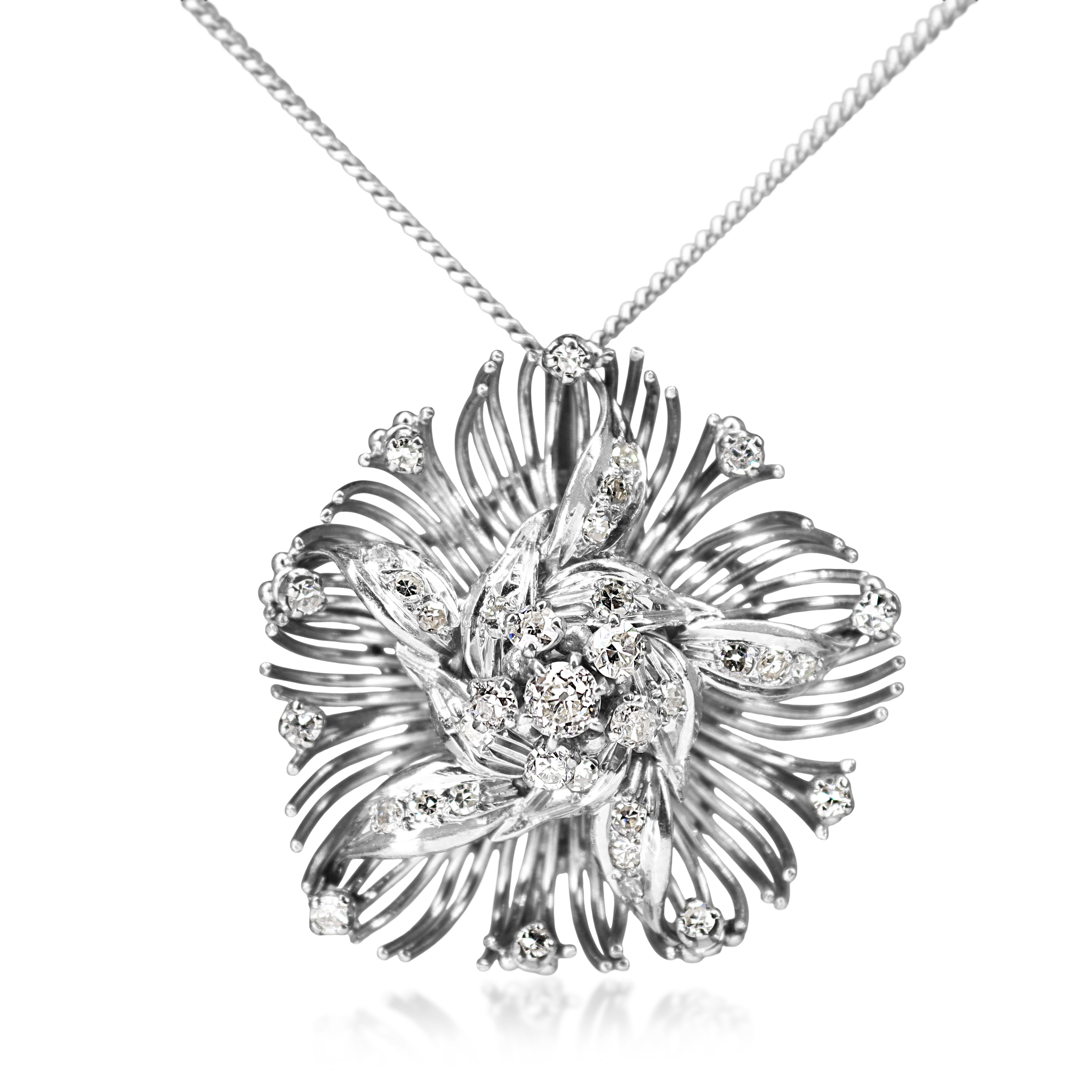 18ct White Gold Vintage Old Cut Diamond Floral Necklace