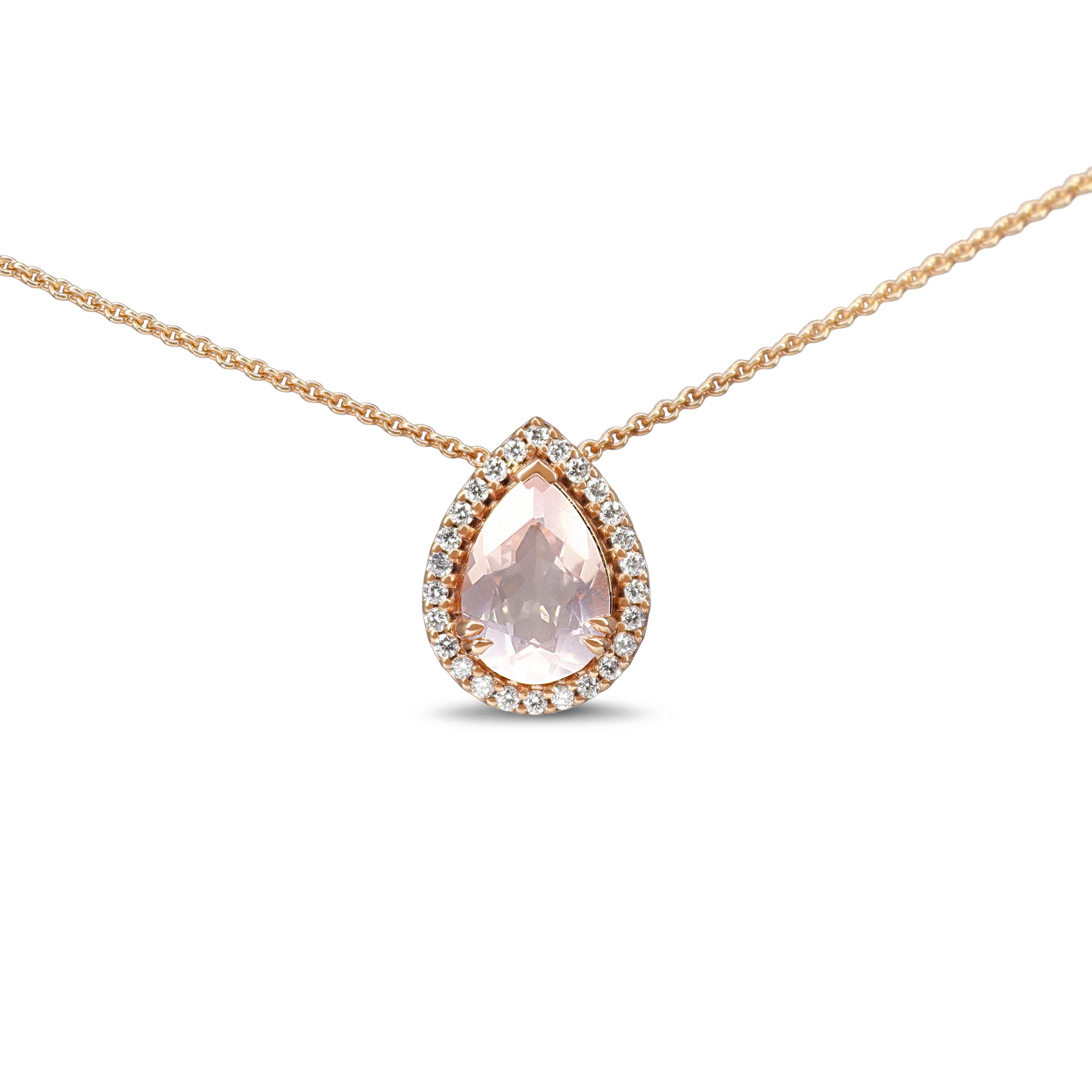 9ct Rose Gold Pear Rose Quartz and Diamond Halo Necklace