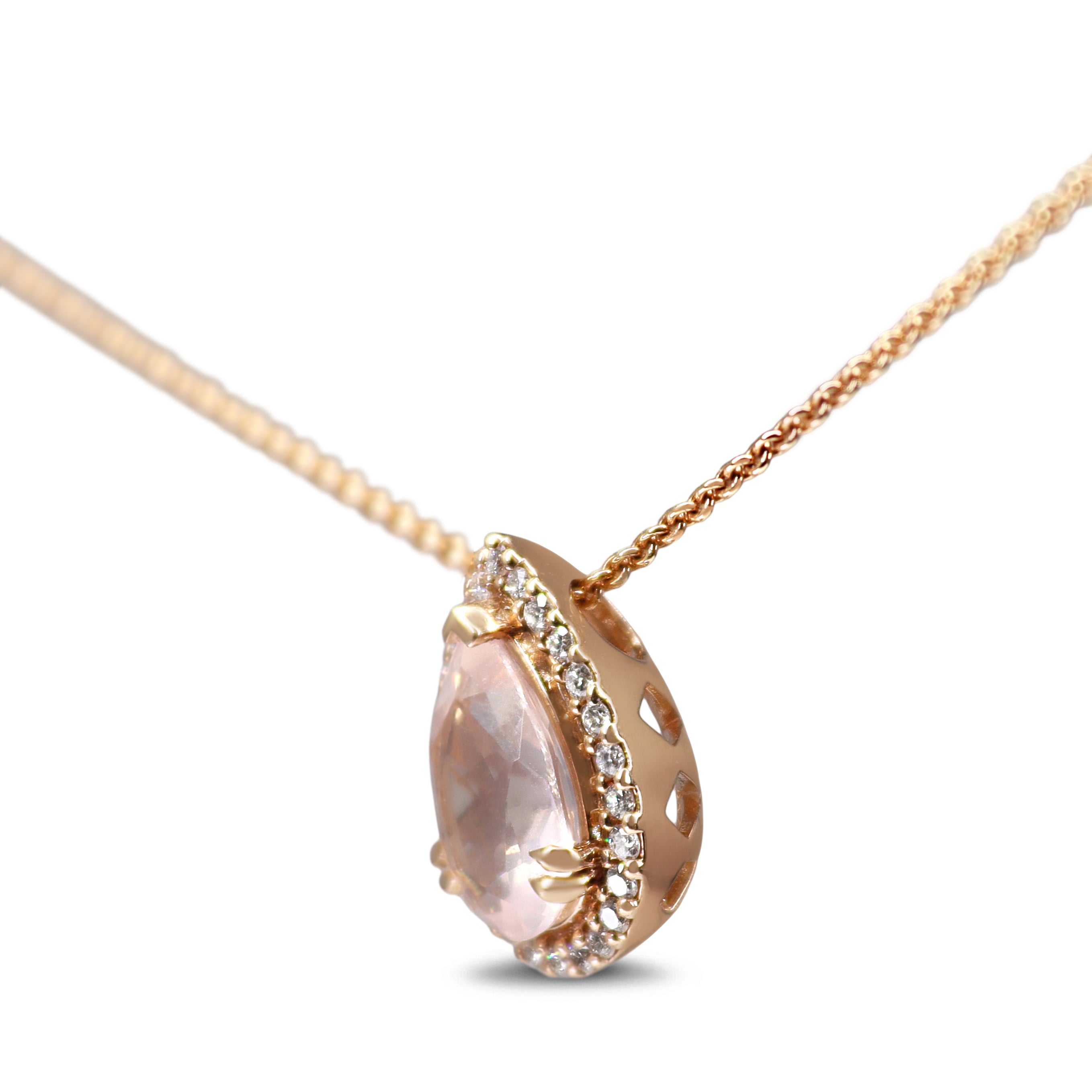 9ct Rose Gold Pear Rose Quartz and Diamond Halo Necklace