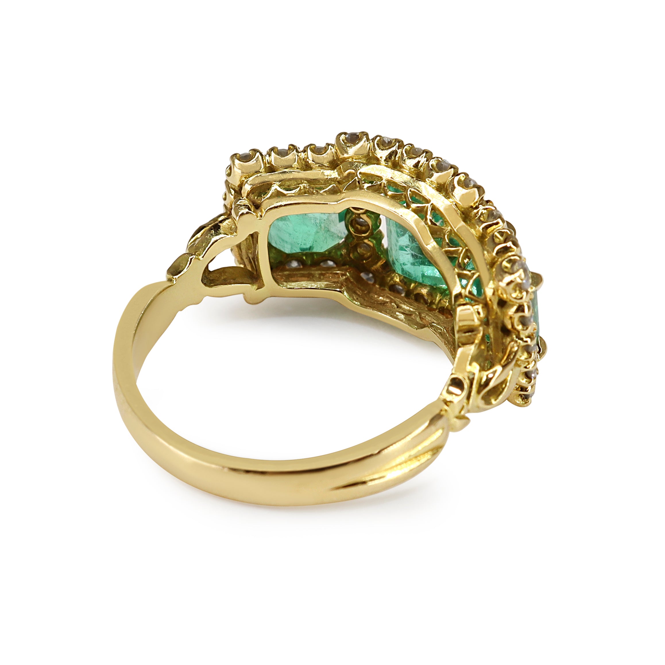18ct Yellow Gold Emerald and Diamond 3 Stone Halo Ring