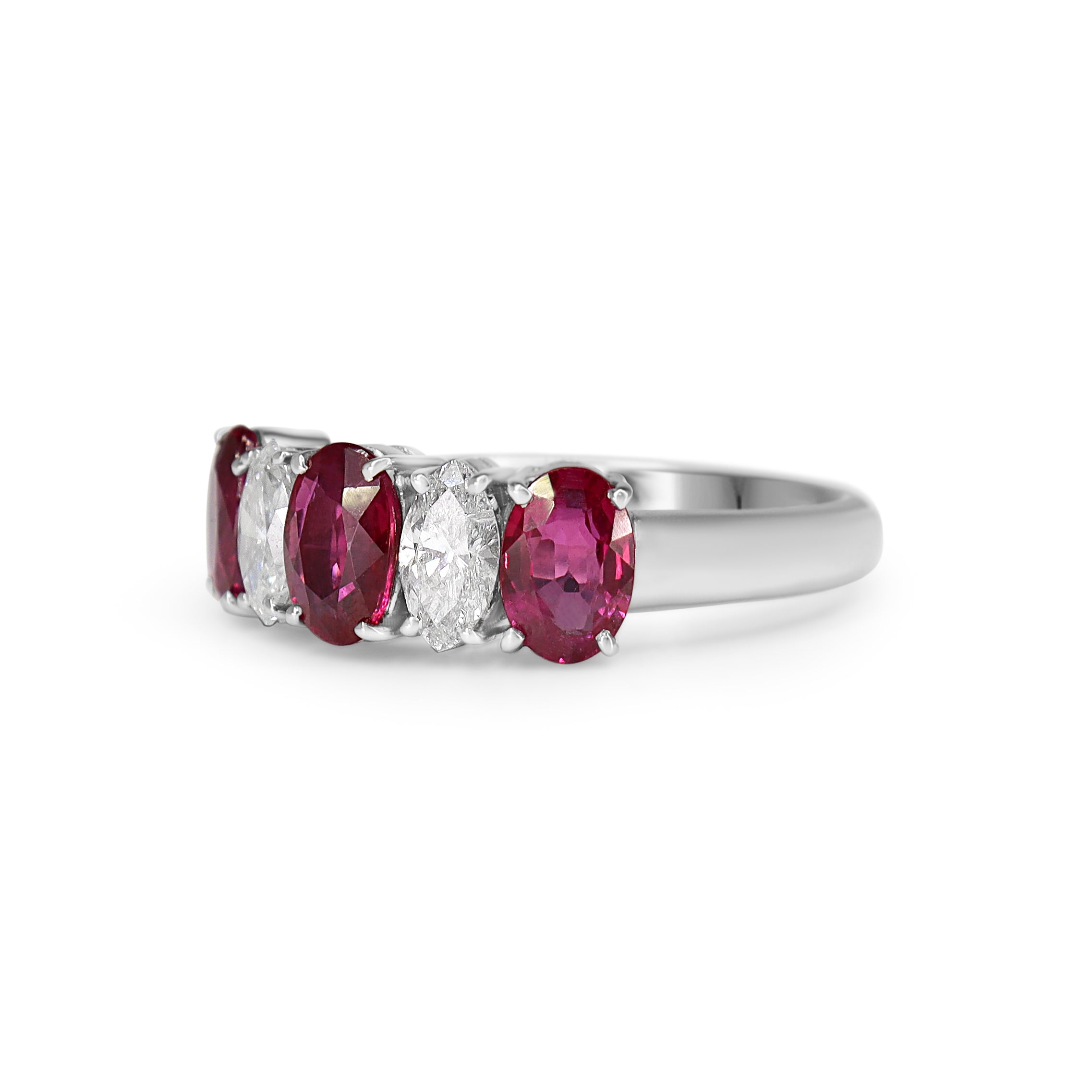 Platinum Ruby and Diamond Oval and Marquise 5 Stone Diamond Ring