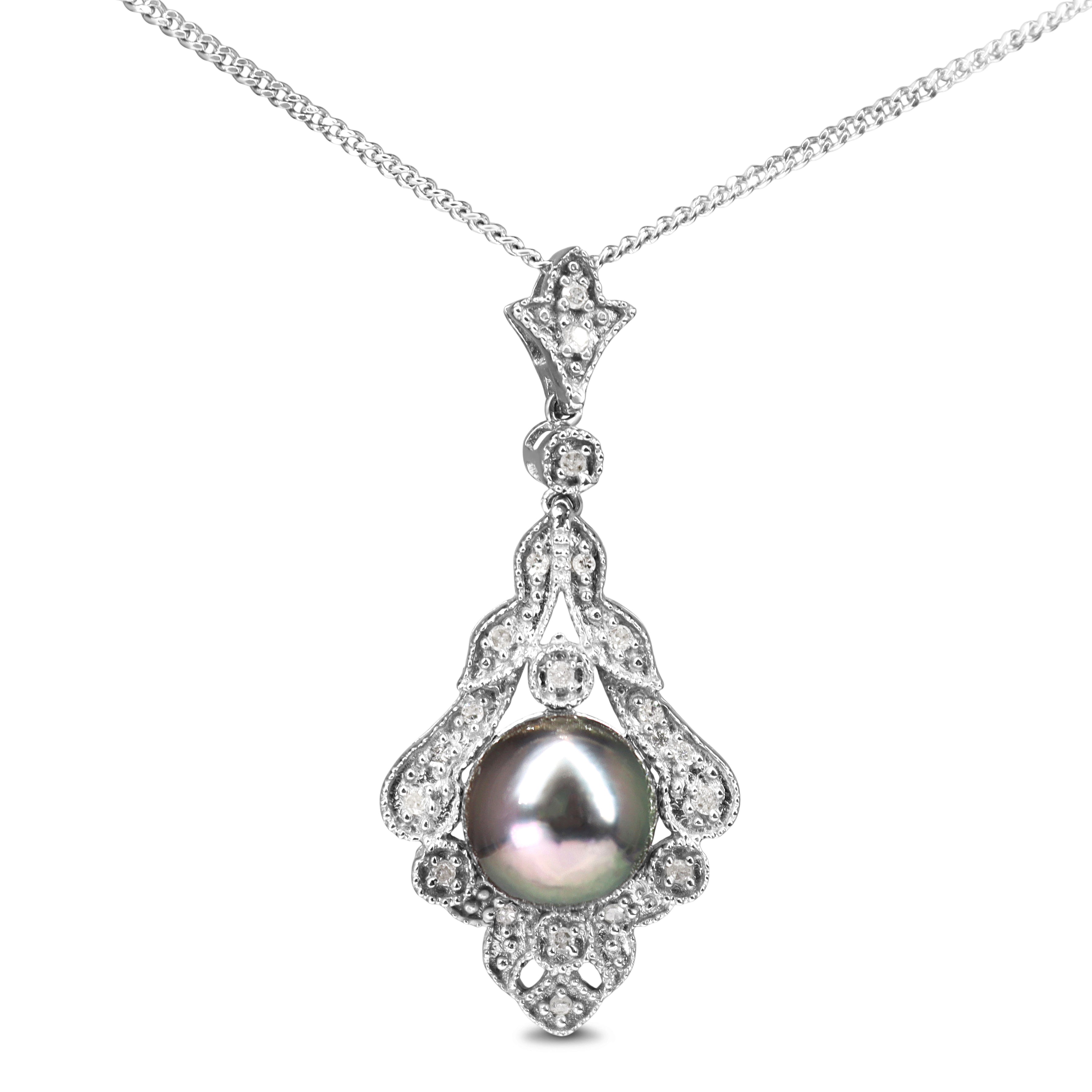 10ct White Gold 8mm Tahitian Pearl and Diamond Drop Necklace
