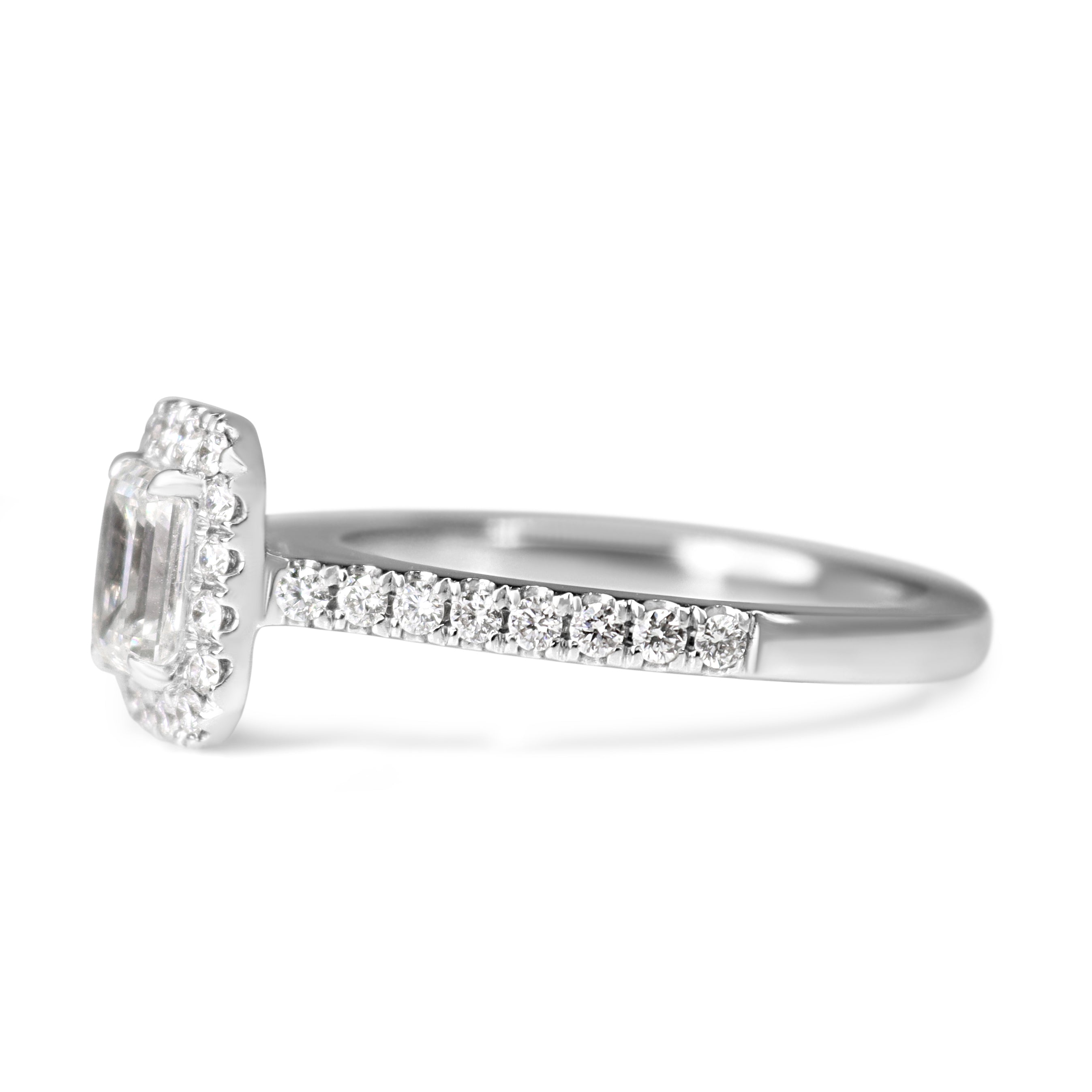 18ct White Gold Emerald Cut Diamond Halo Ring