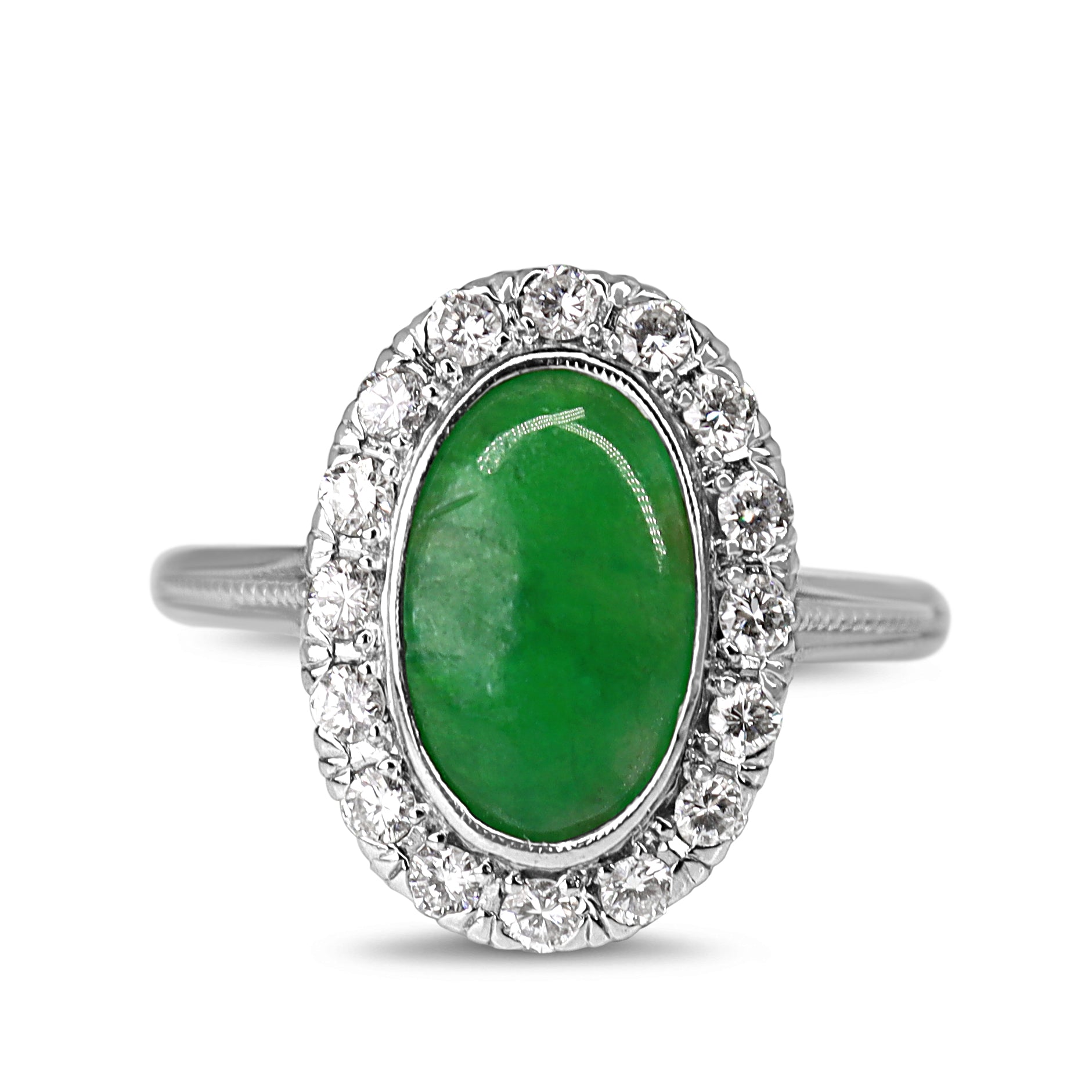 Platinum Jade and Diamond Vintage Halo Ring