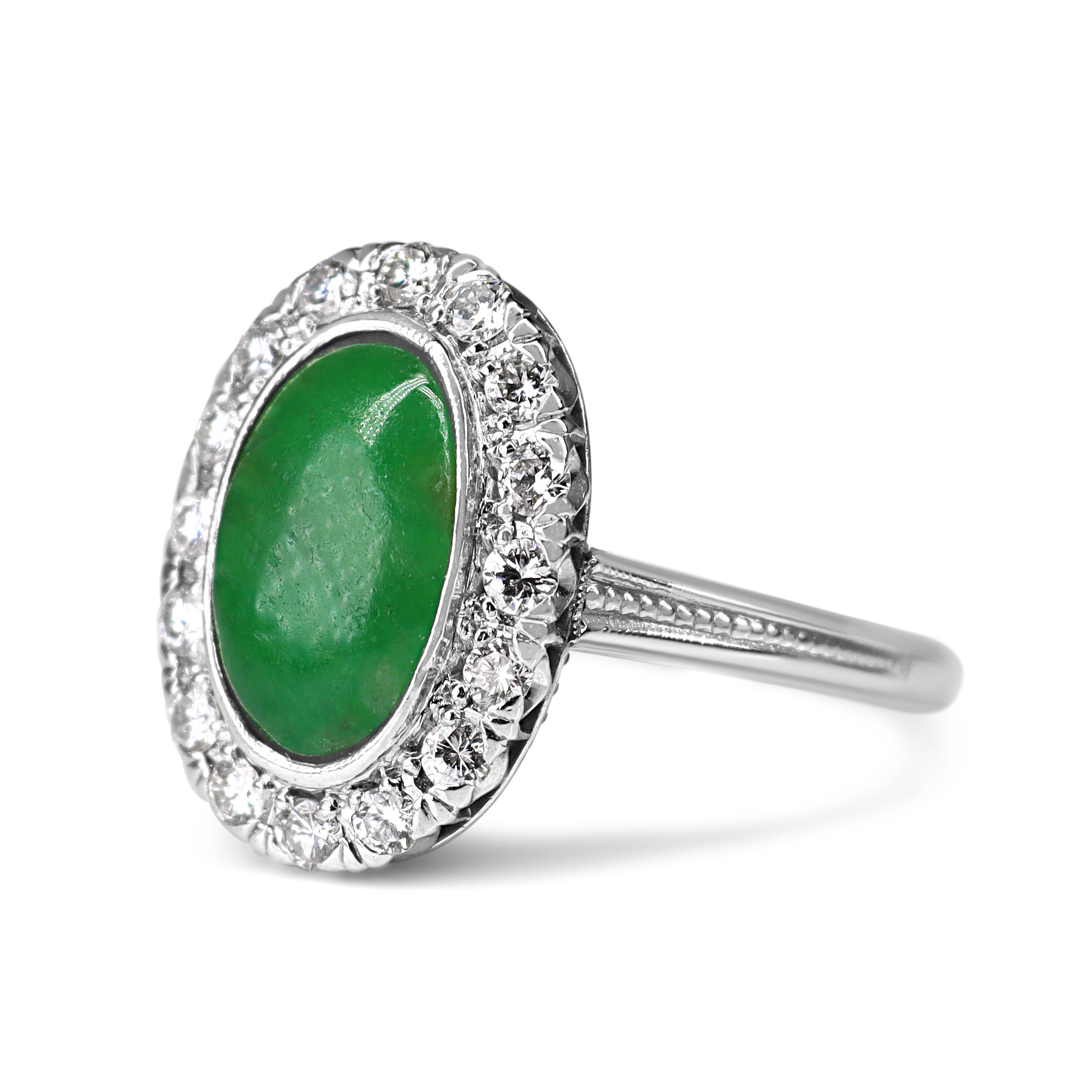 Platinum Jade and Diamond Vintage Halo Ring