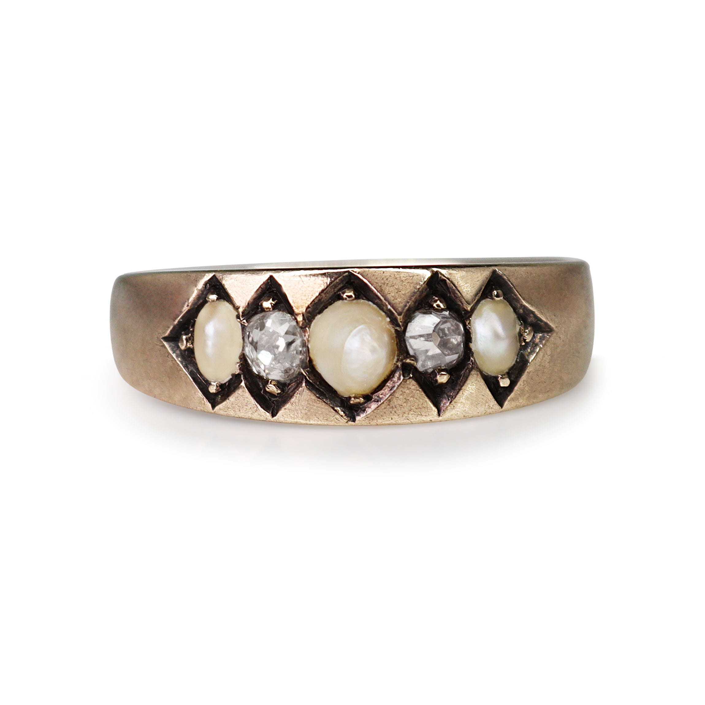 9ct Rose/Old Gold Real Pearl and Old Cut Champagne Diamond Ring