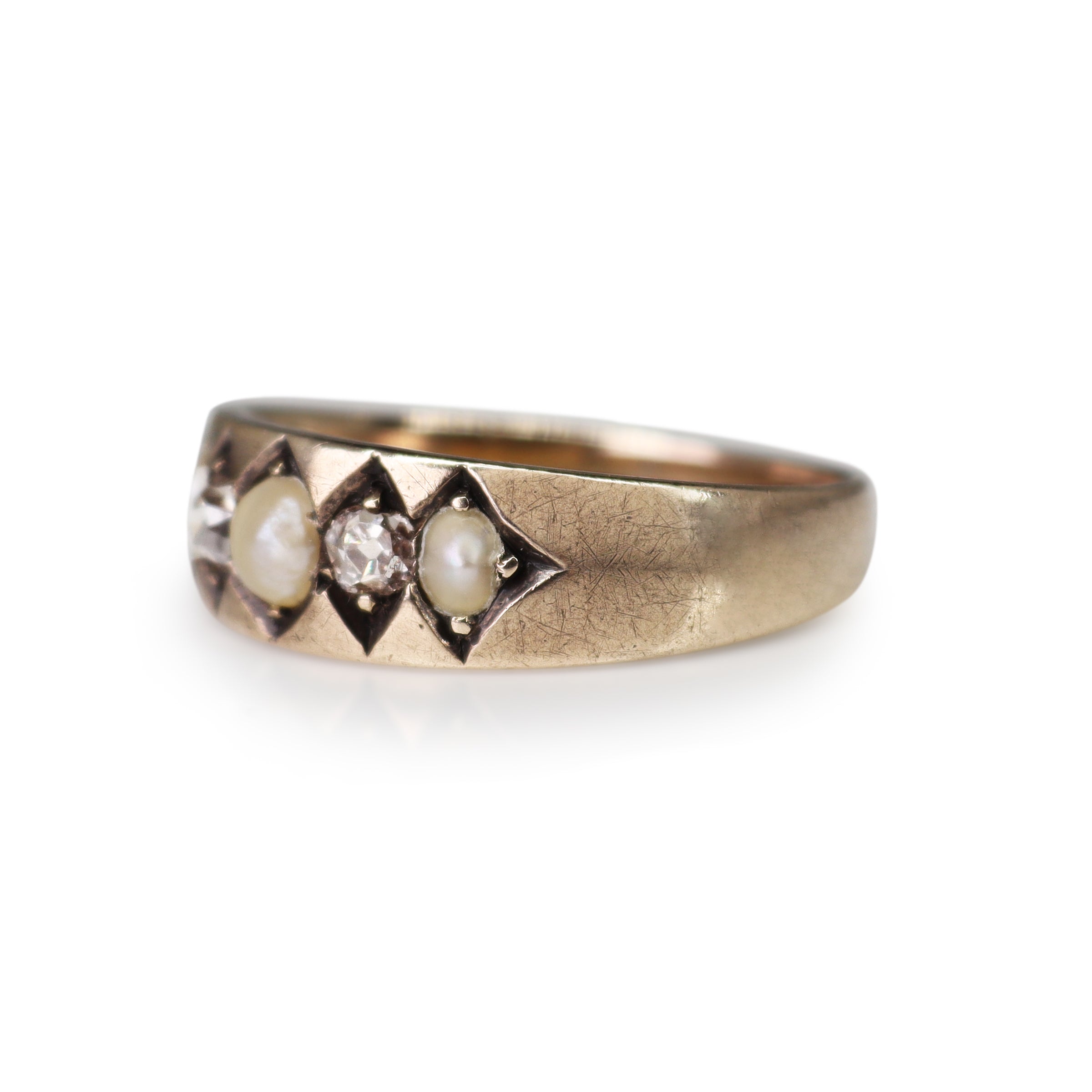 9ct Rose/Old Gold Real Pearl and Old Cut Champagne Diamond Ring