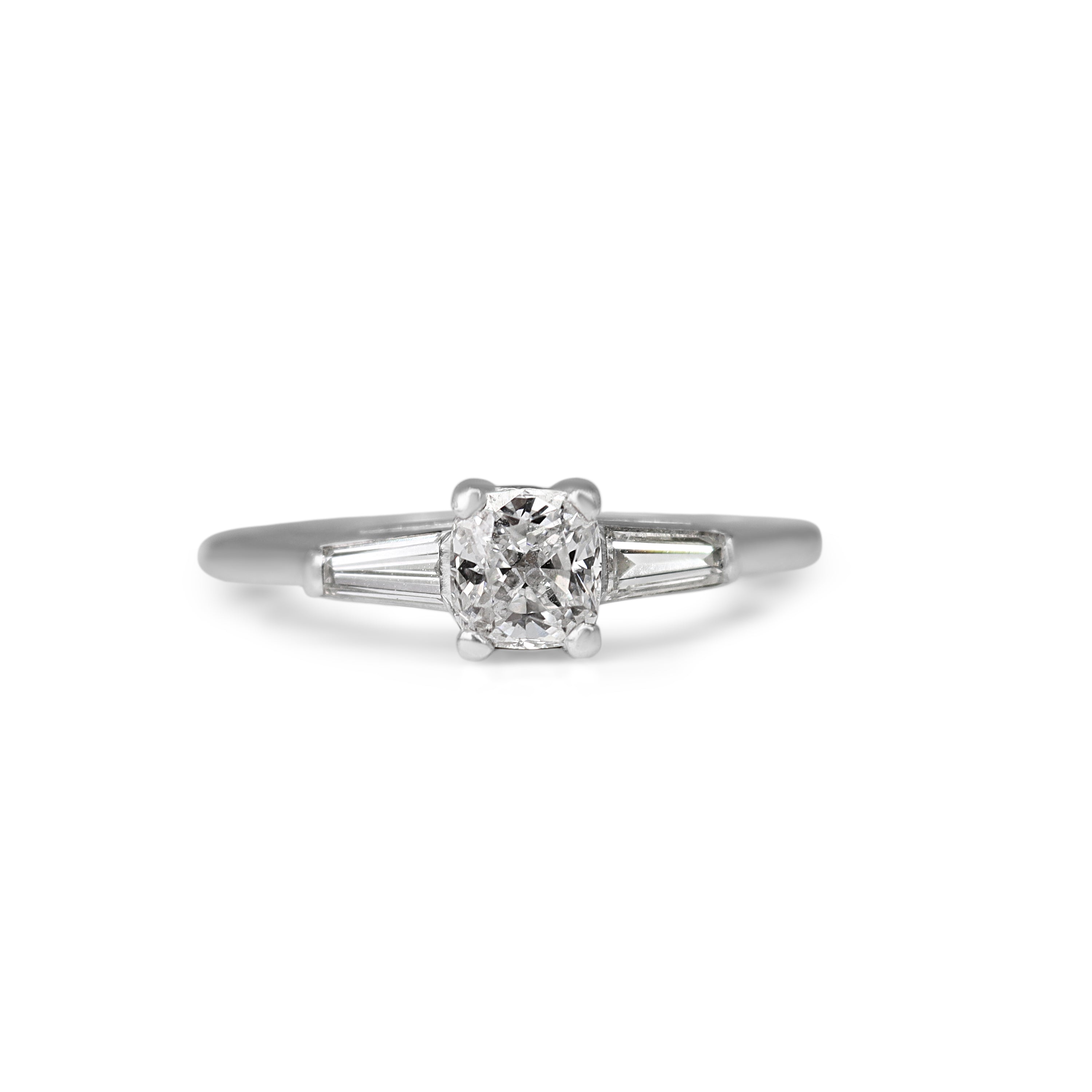 Platinum Cushion and Tapered Baguette Cut Diamond 3 Stone Ring