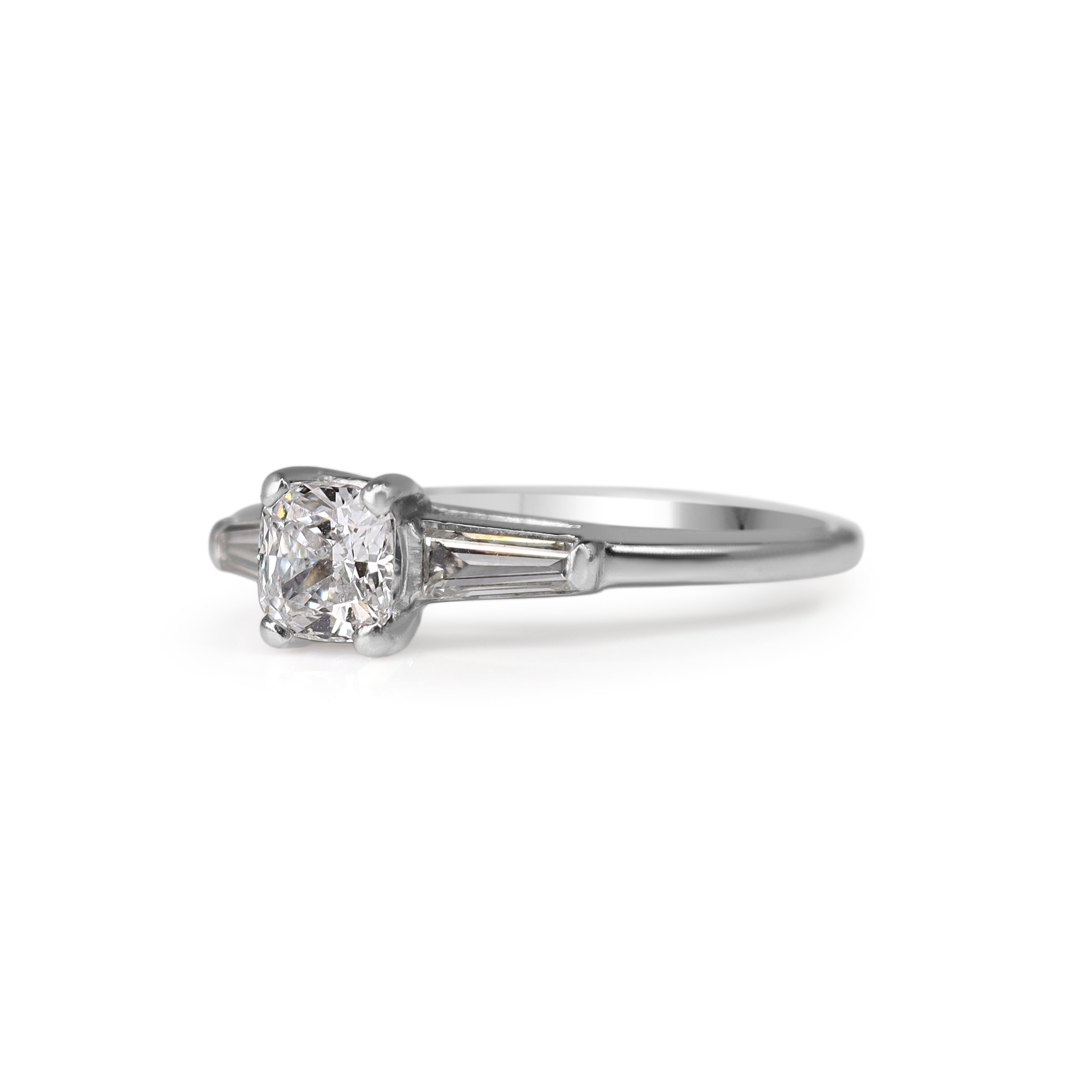 Platinum Cushion and Tapered Baguette Cut Diamond 3 Stone Ring