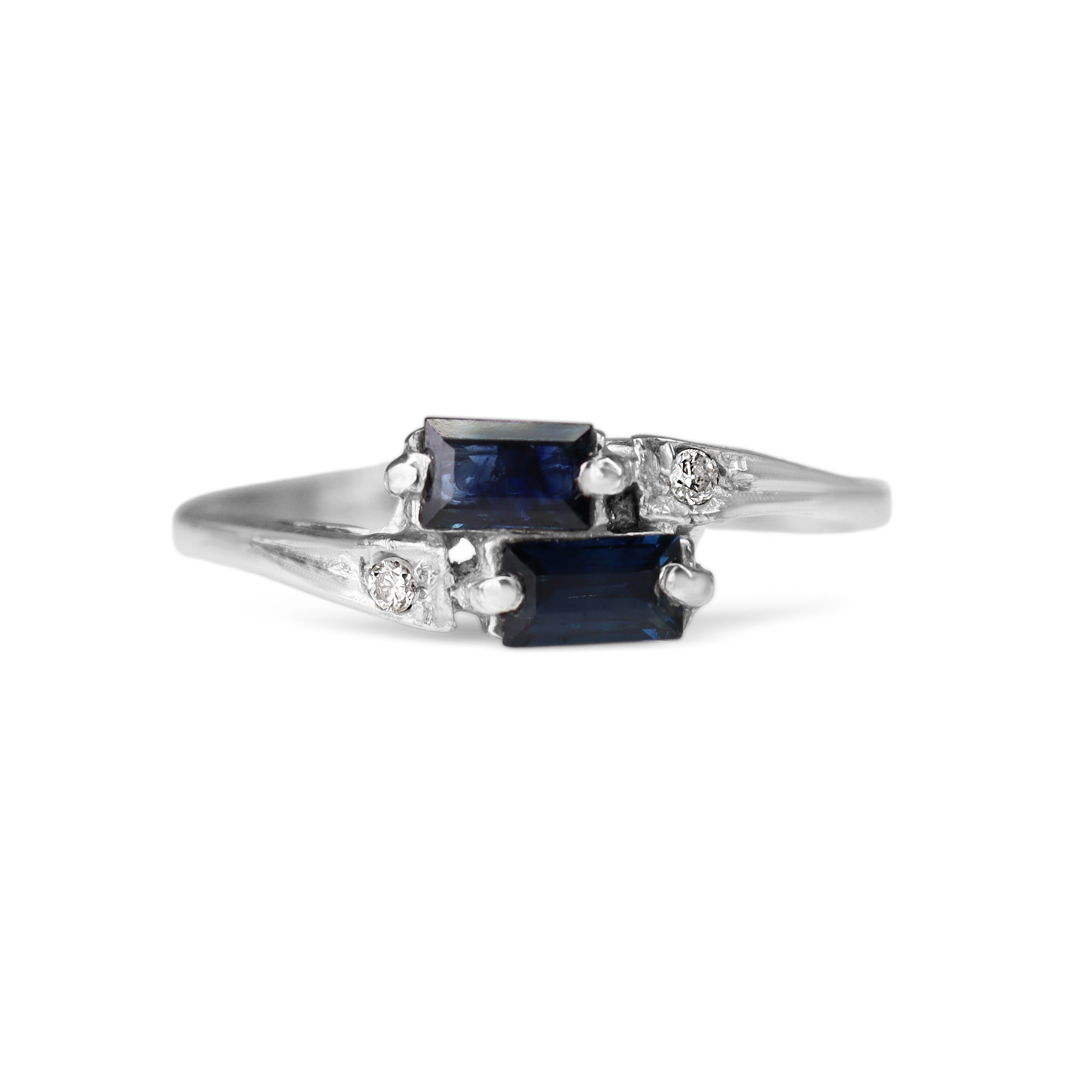 9ct White Gold Baguette Sapphire and Diamond Moi Et Toi Ring