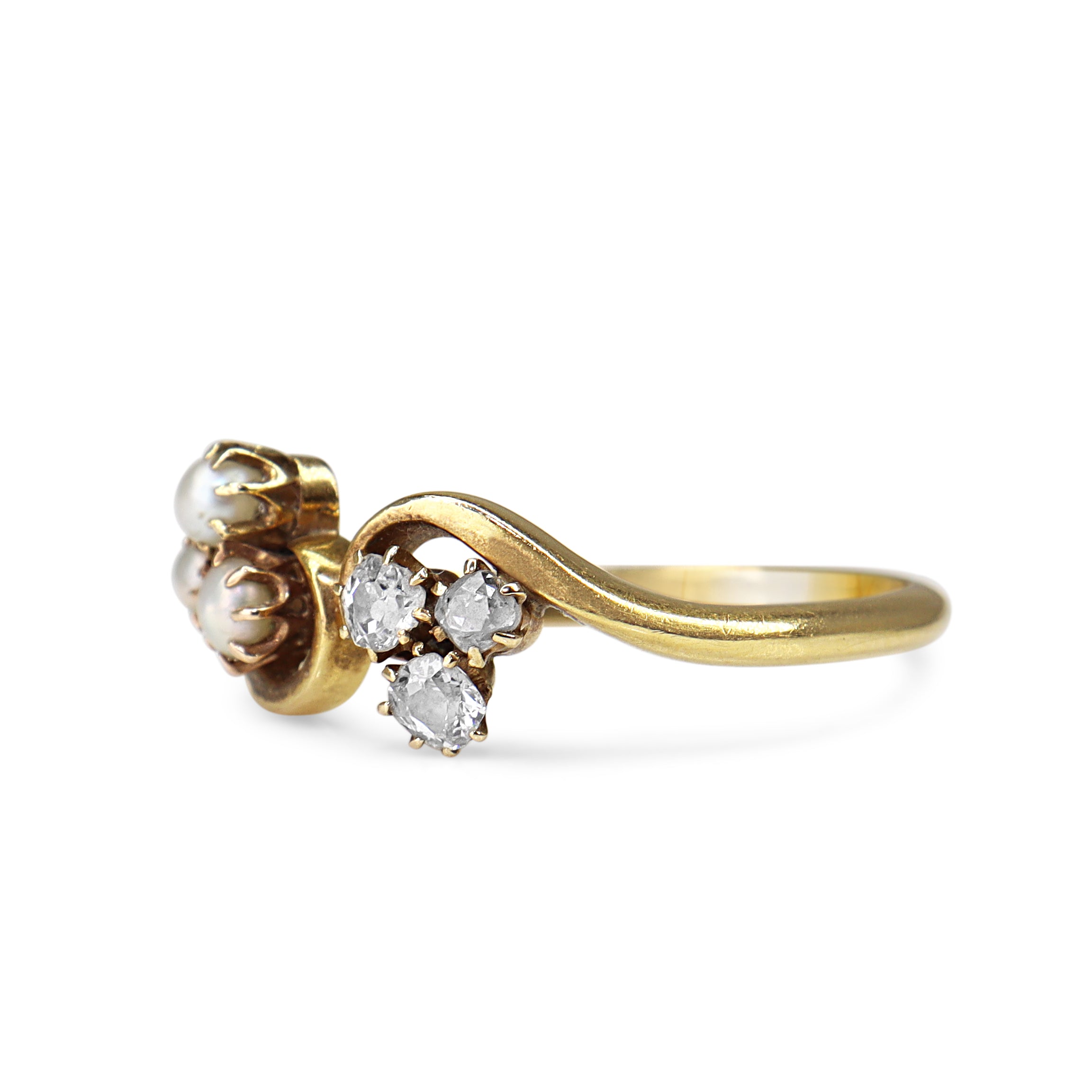 18ct Yellow Gold Antique Seed Pearl and Old Cut Diamond Ring
