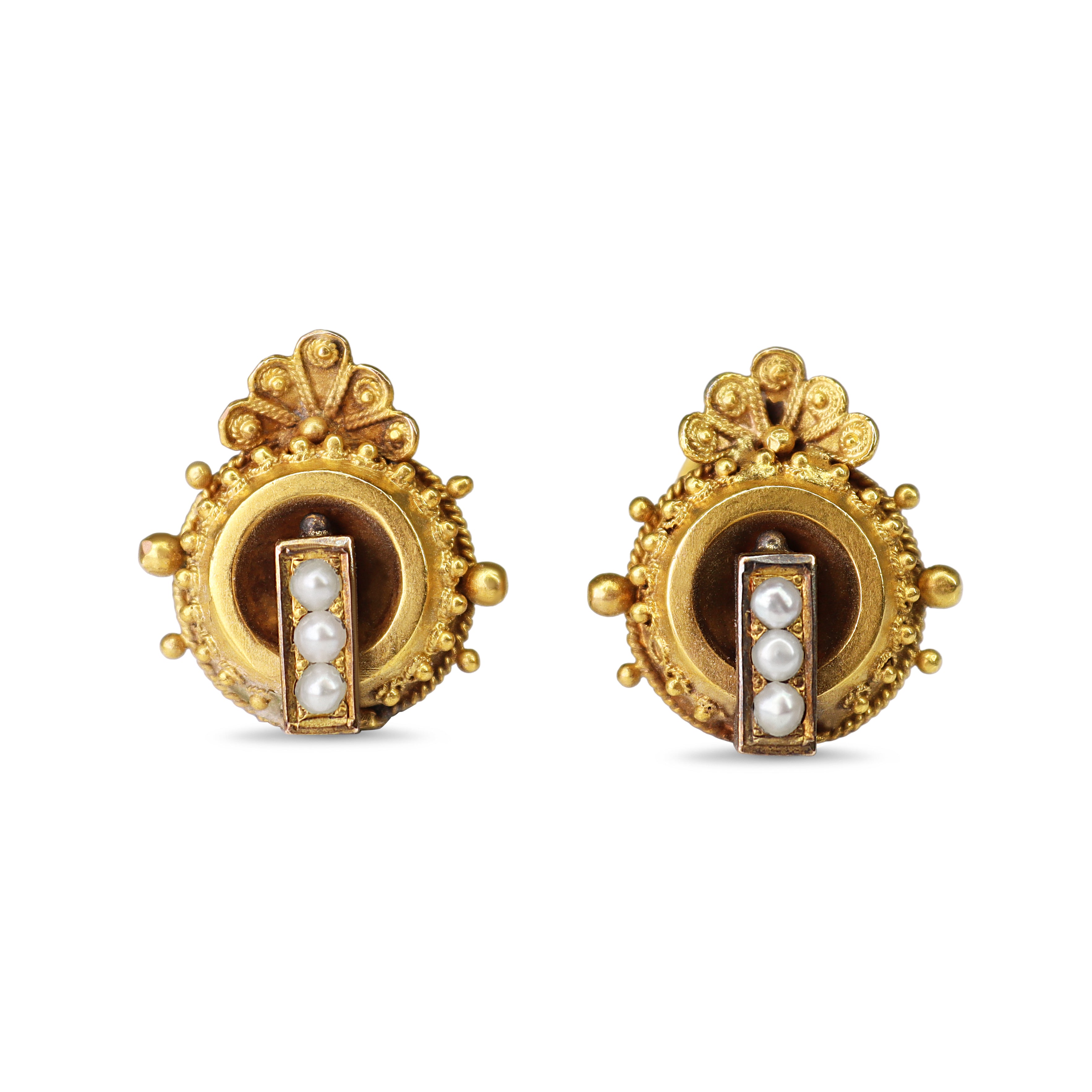 9ct Yellow Gold Antique Seed Pearl Screw On Earrings