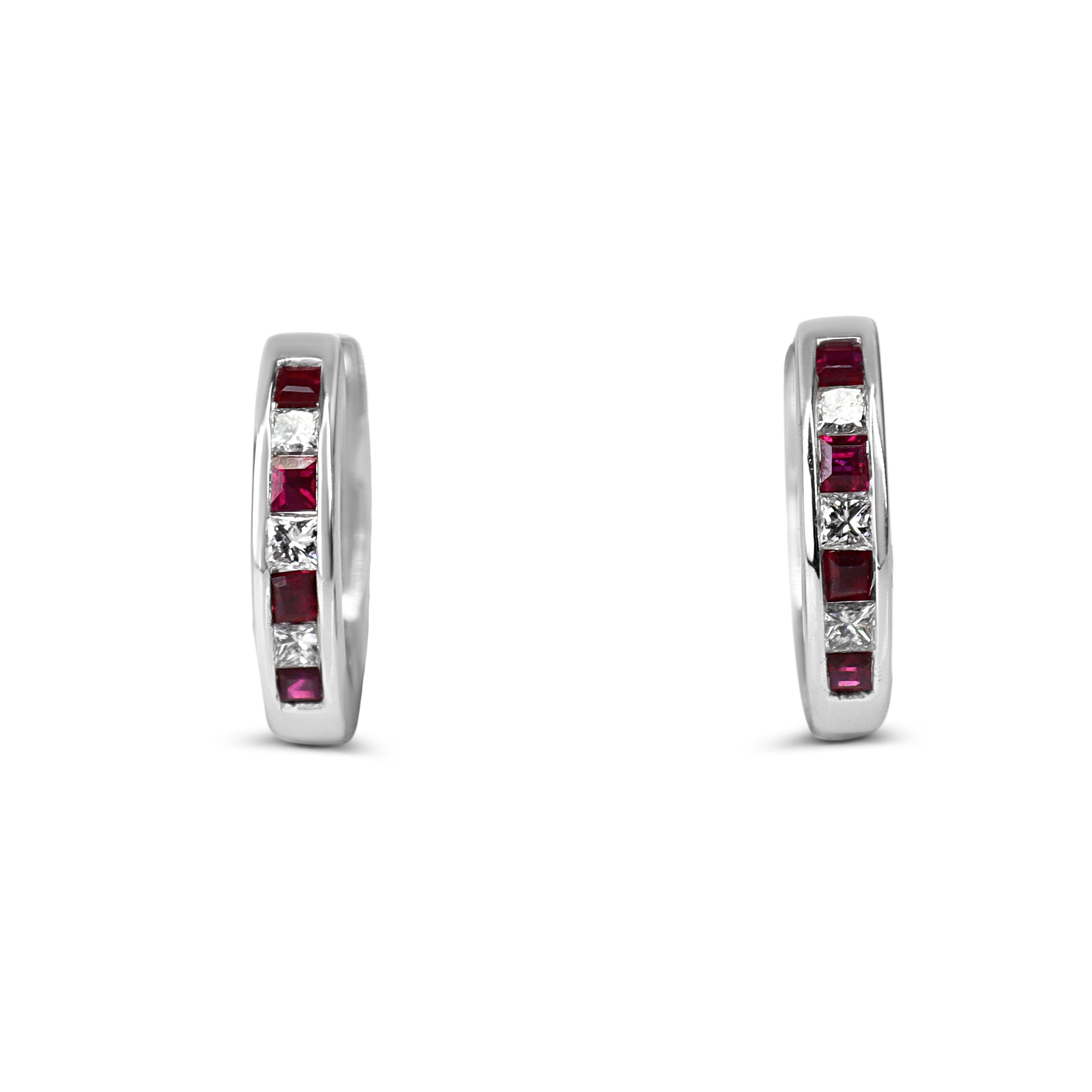 9ct White Gold Sqaure Ruby and Diamond Channel Set Hoop Earrings