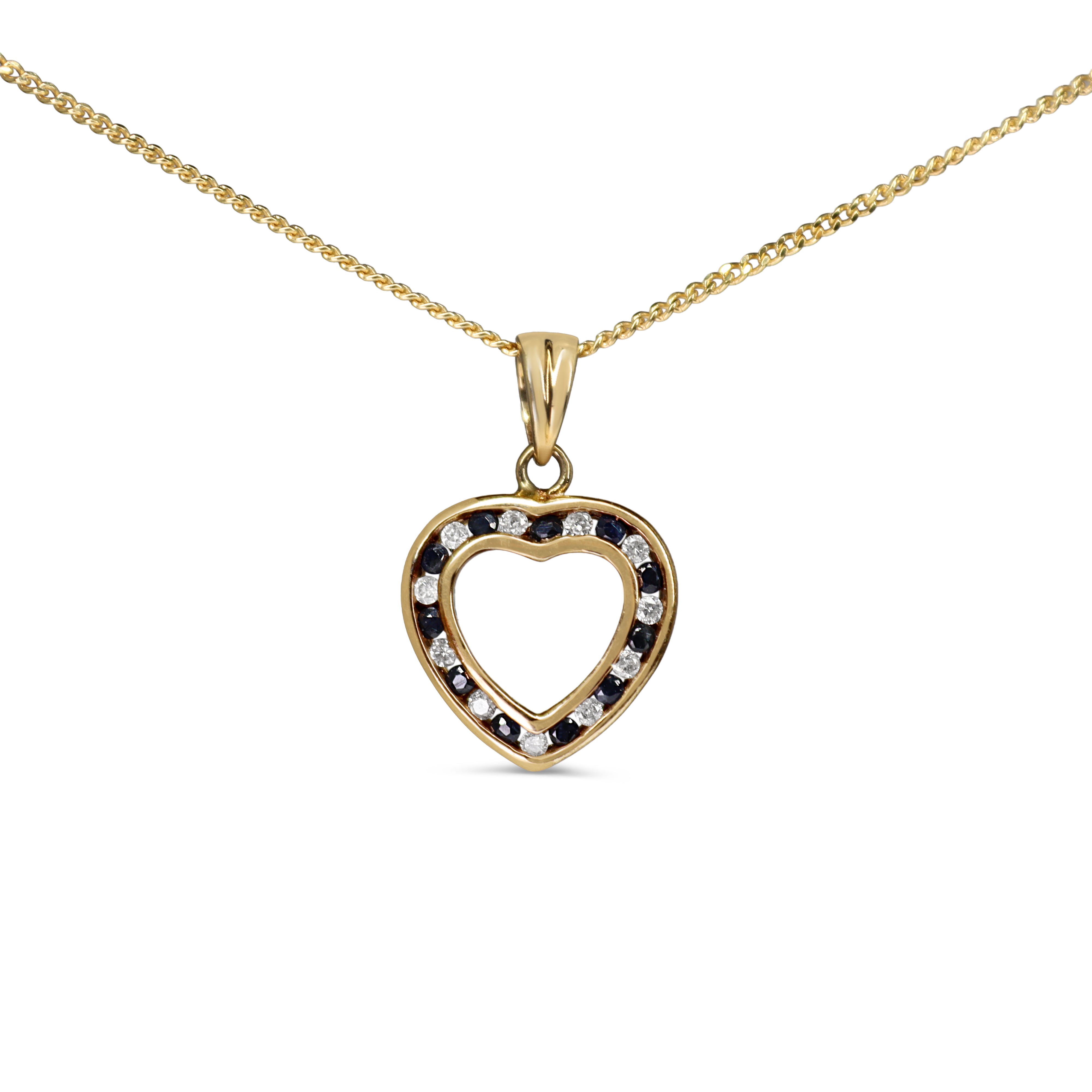 9ct Yellow Gold Sapphire and Diamond Channel Set Heart Necklace