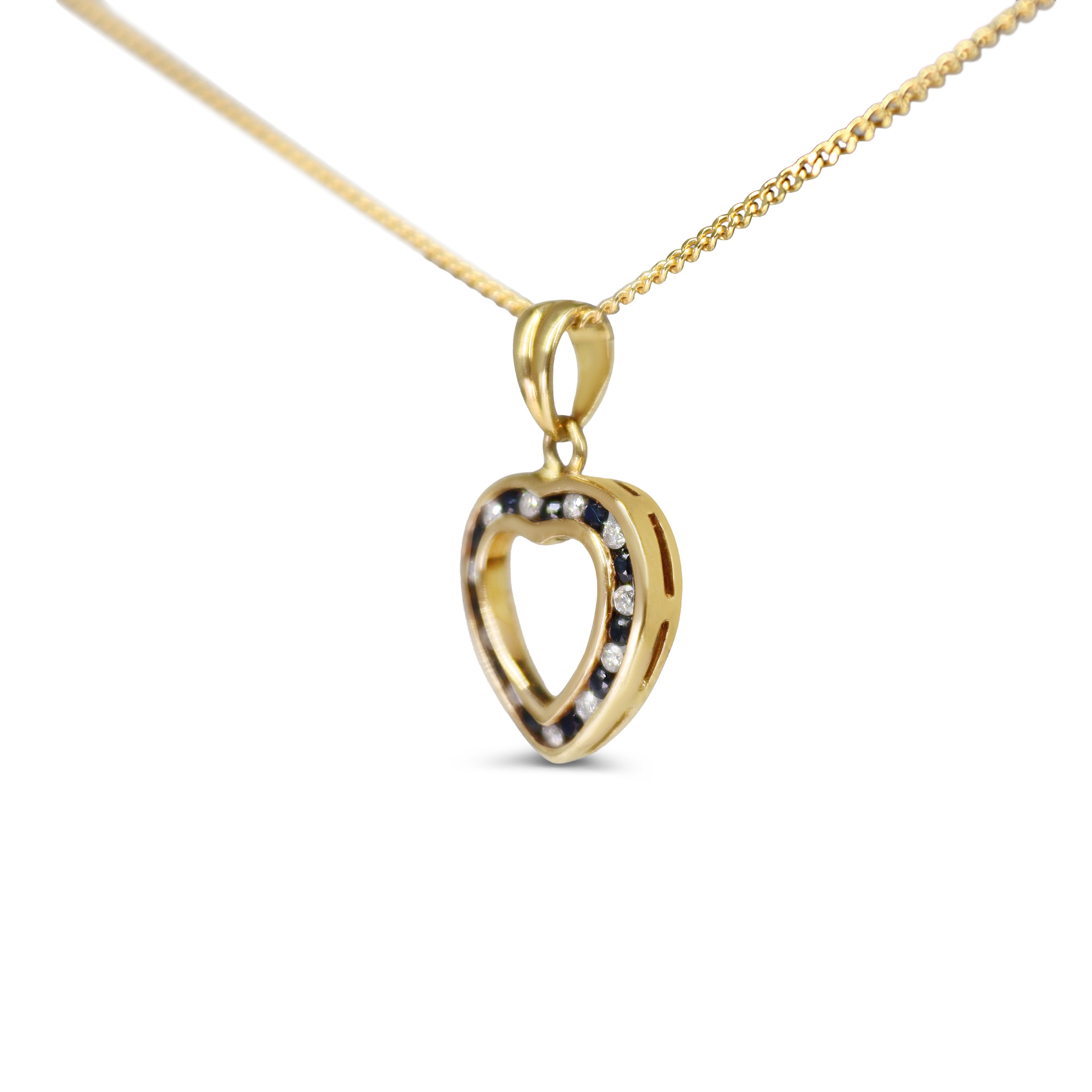 9ct Yellow Gold Sapphire and Diamond Channel Set Heart Necklace