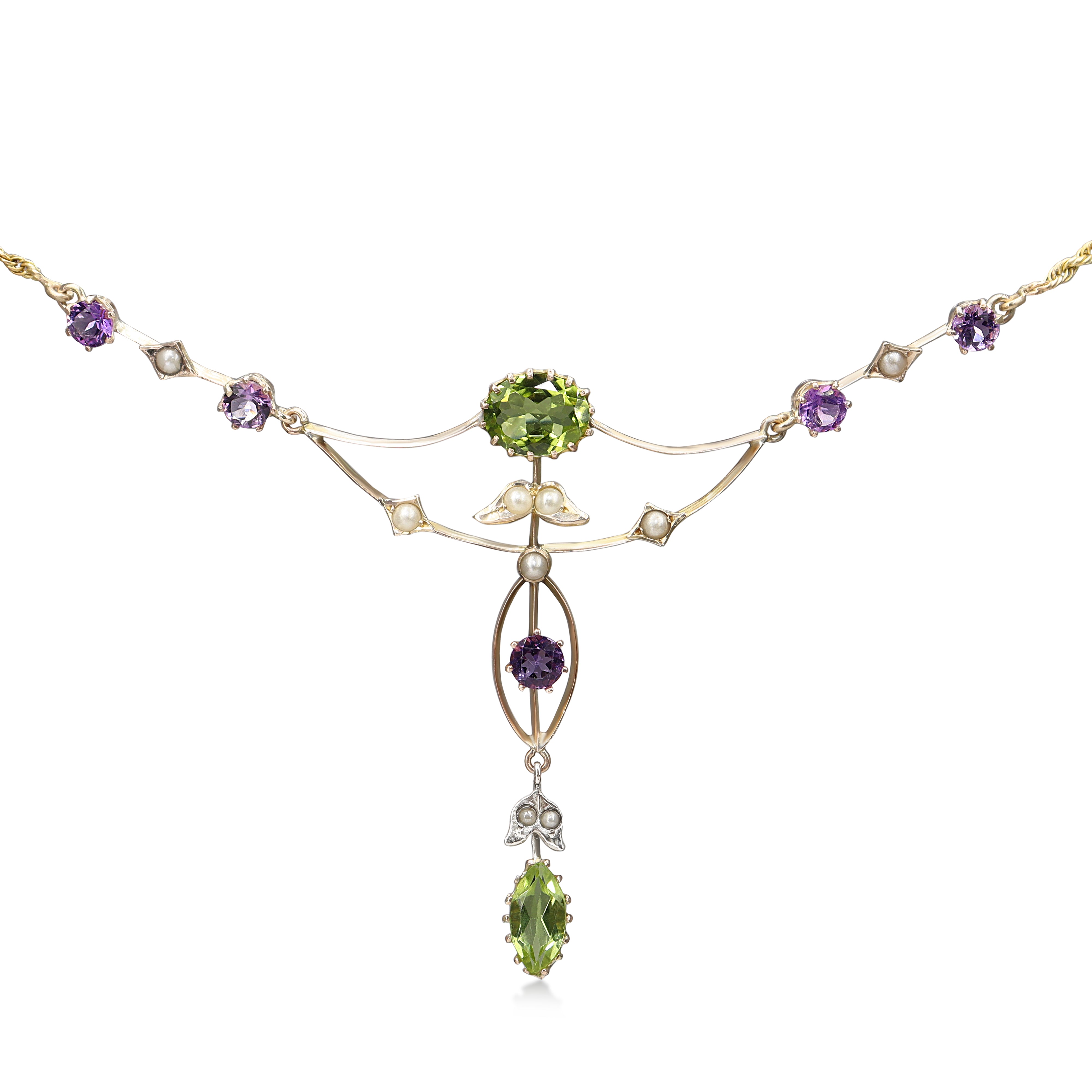 15ct Yellow Gold Antique Peridot, Pearl and Amethyst Suffragette Necklace