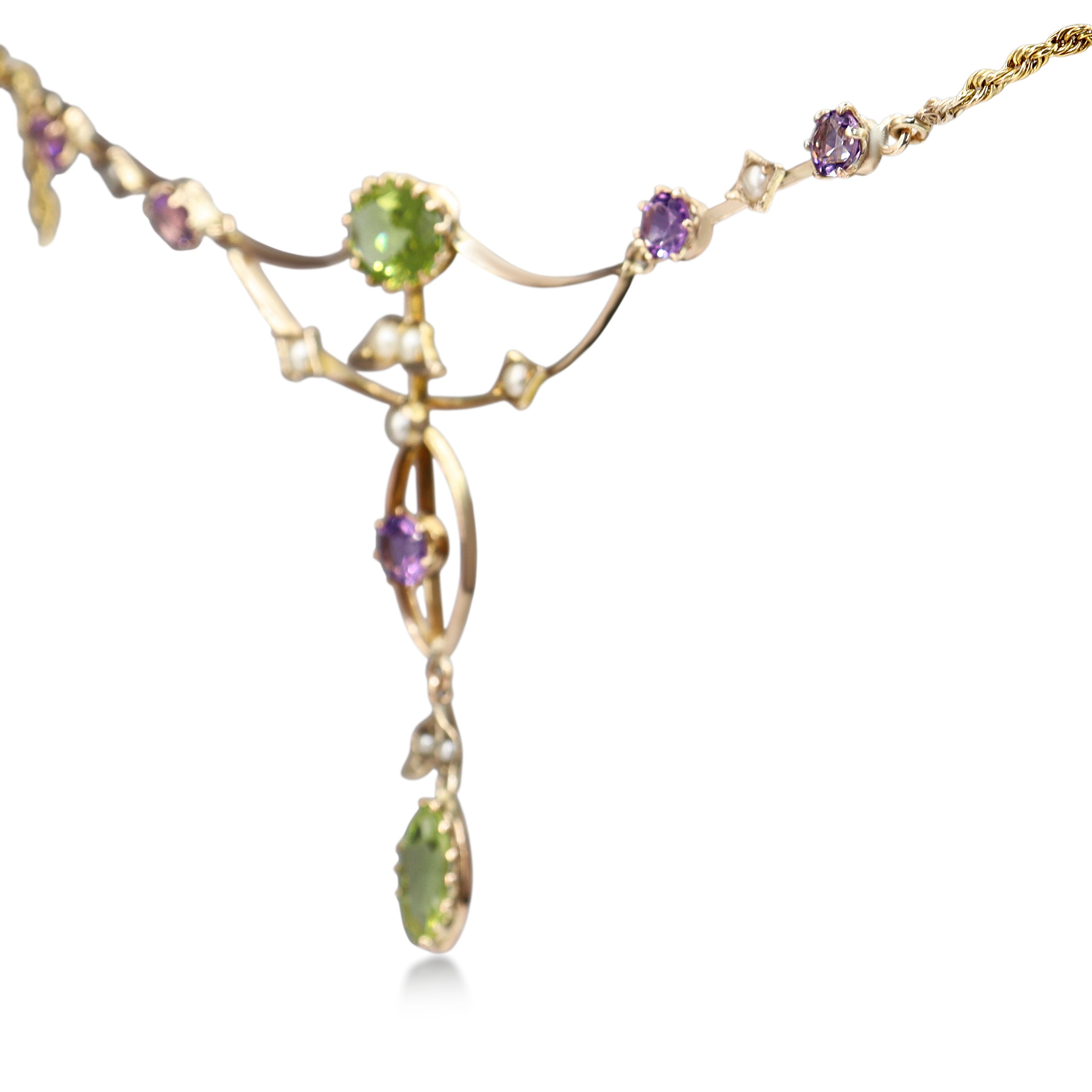 15ct Yellow Gold Antique Peridot, Pearl and Amethyst Suffragette Necklace