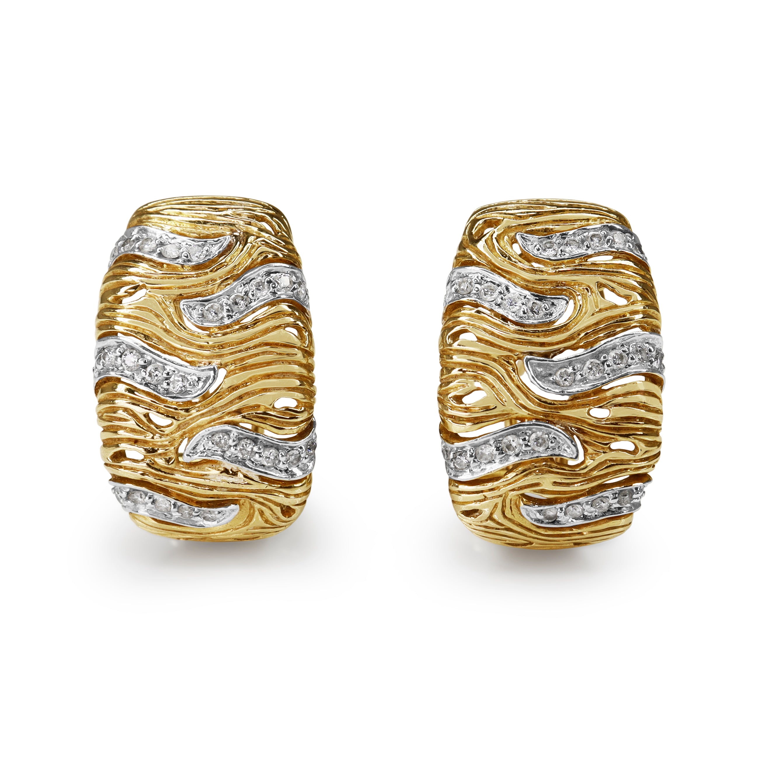 14ct Yellow and White Gold Diamond Swirl Engraved Earrings