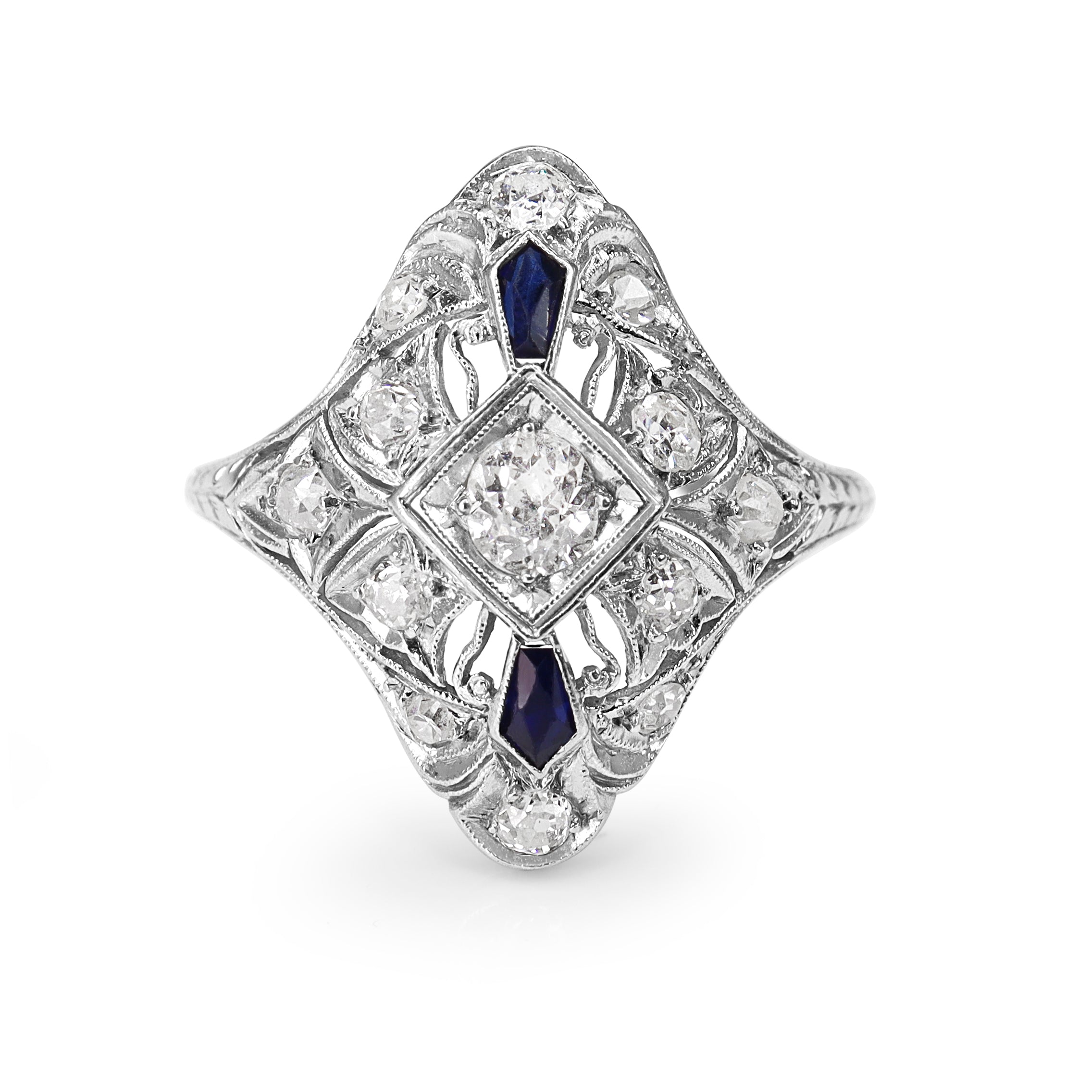 Platinum Art Deco Sapphire and Old Cut Diamond Ring
