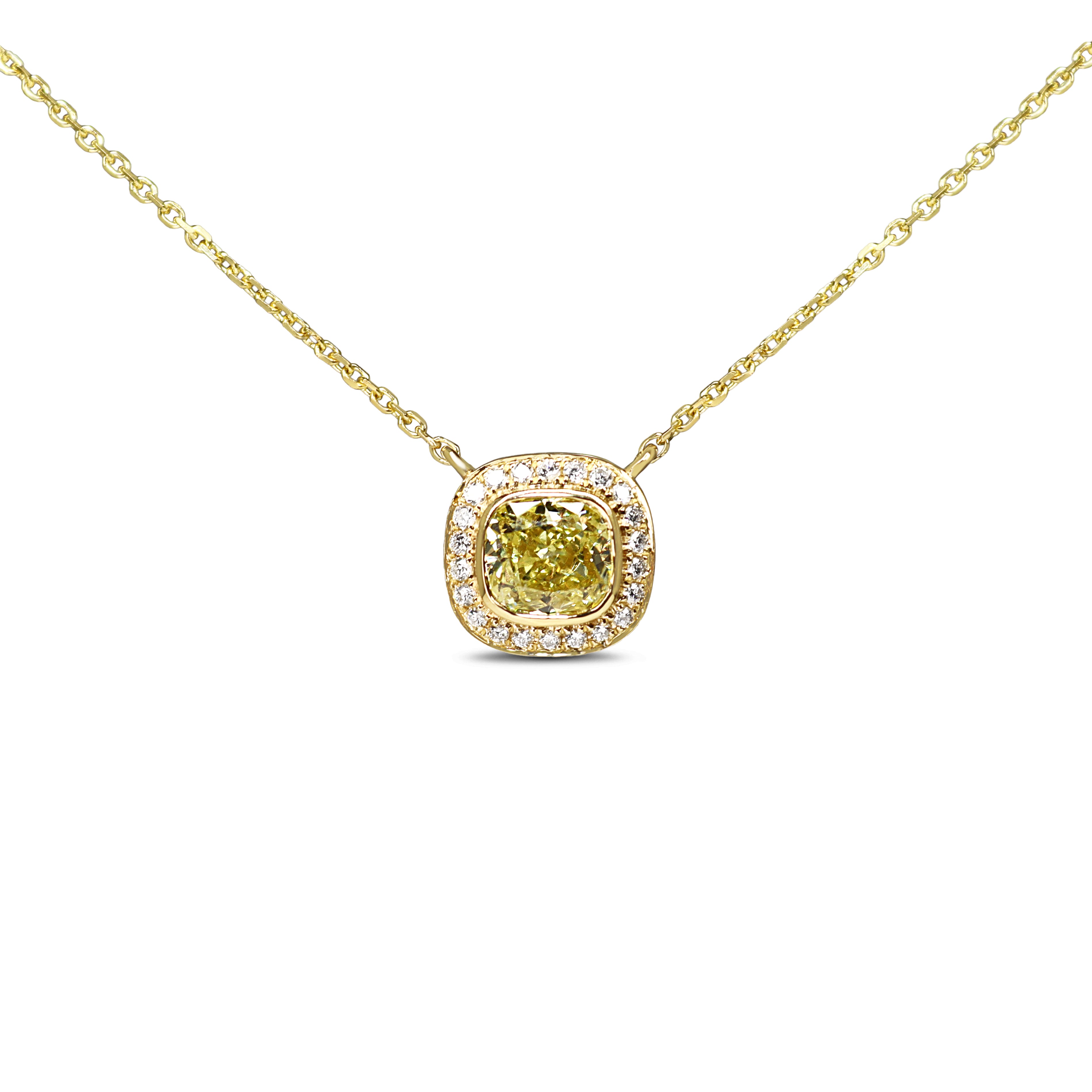 18ct Yellow Gold Fancy Yellow Cushion Diamond Halo Necklace