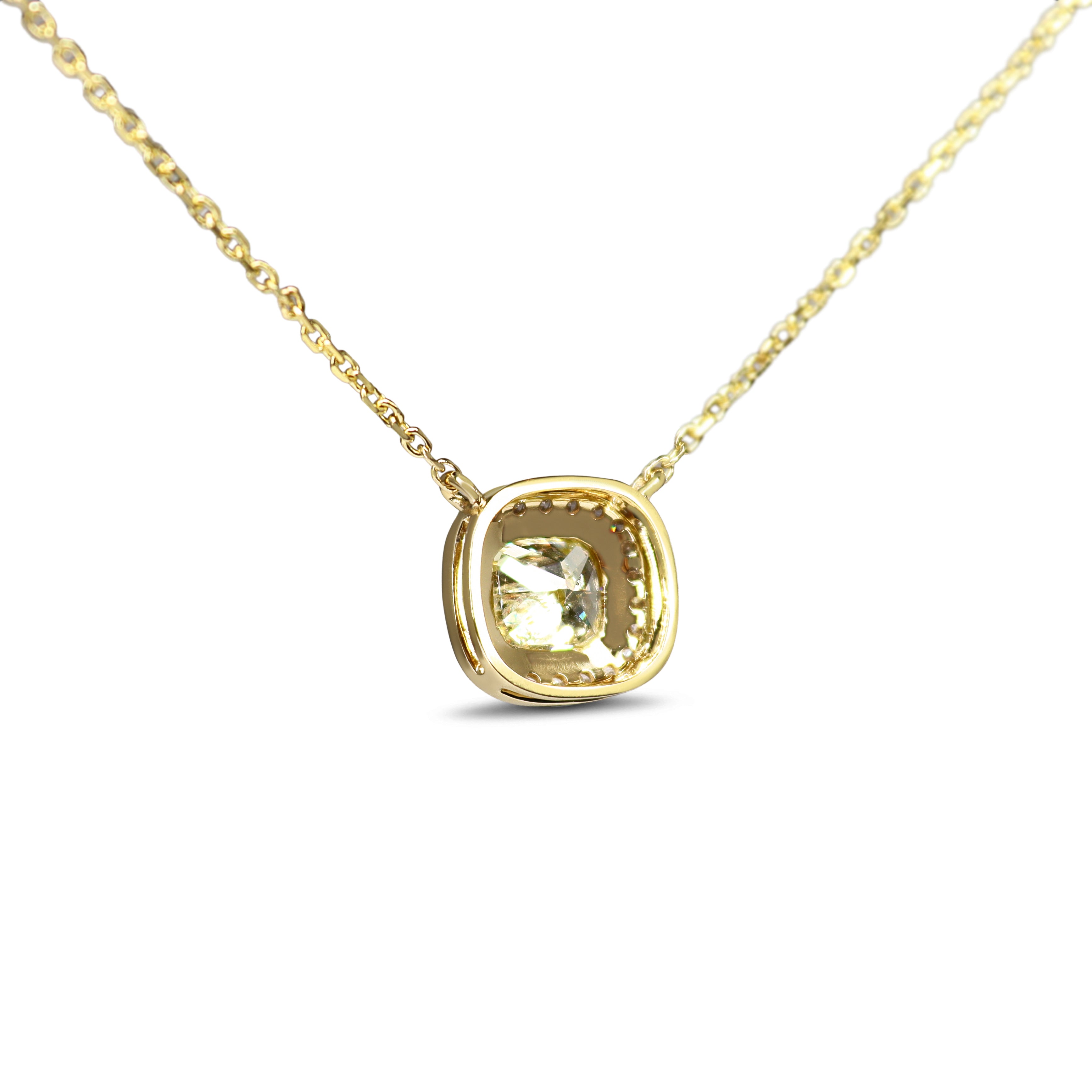 18ct Yellow Gold Fancy Yellow Cushion Diamond Halo Necklace