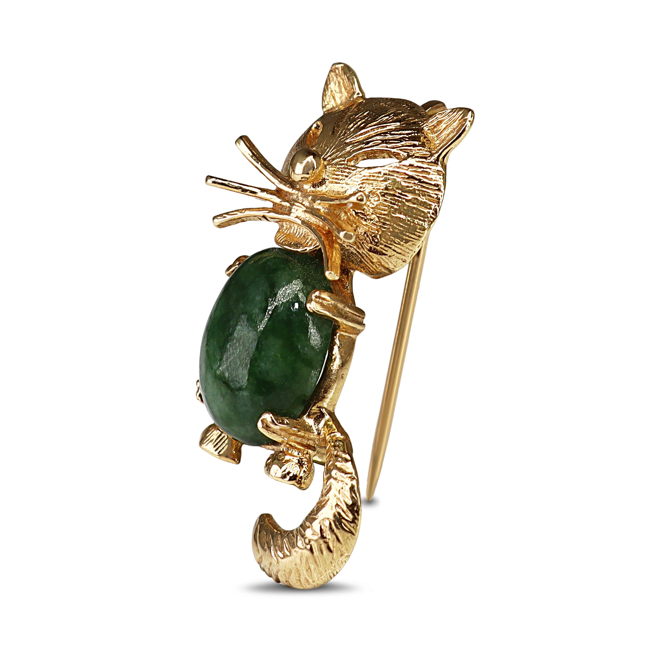 14ct Yellow Gold Jade Cat Brooch