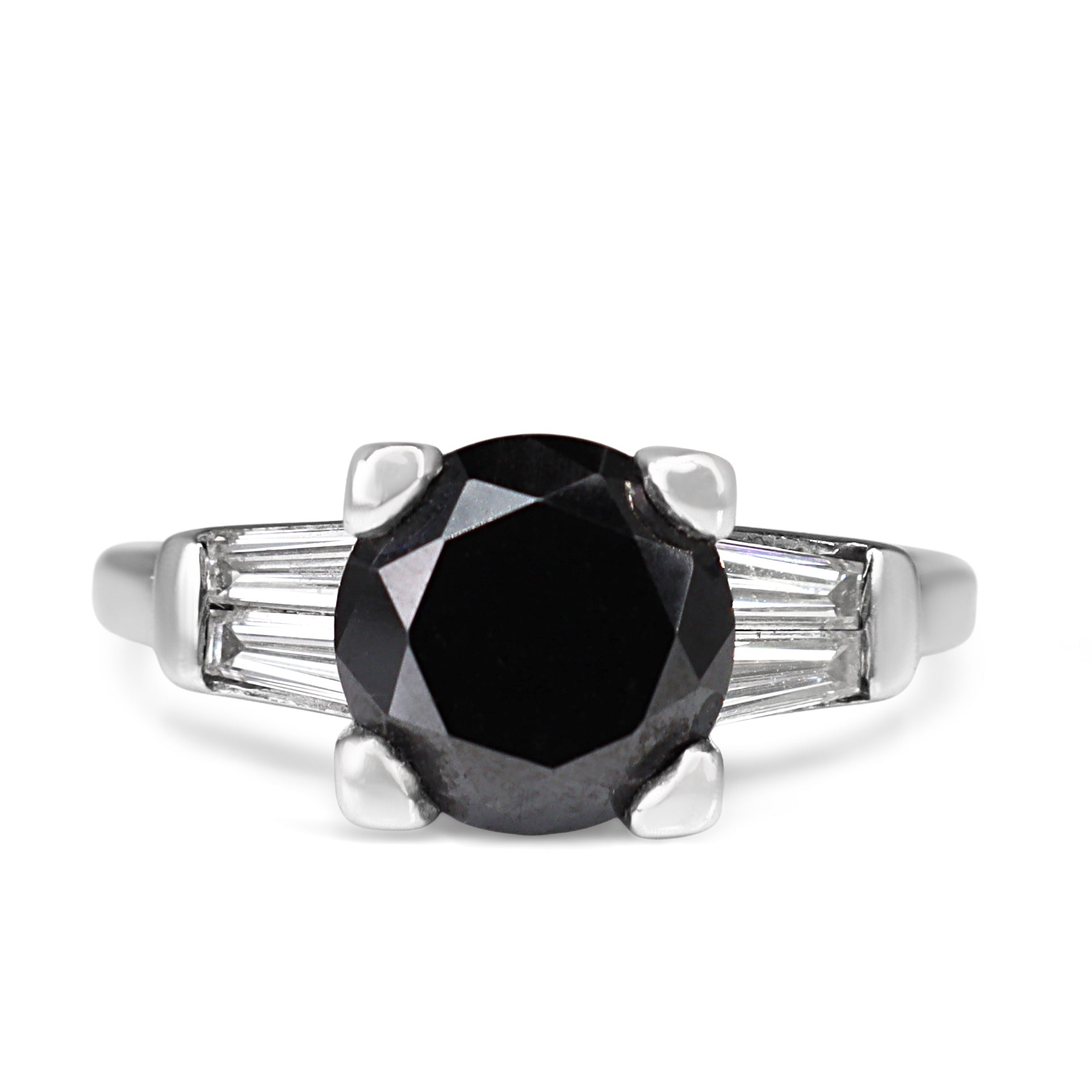 Platinum 2.00ct Black Diamond Solitaire Ring with White Tapered Baguettes