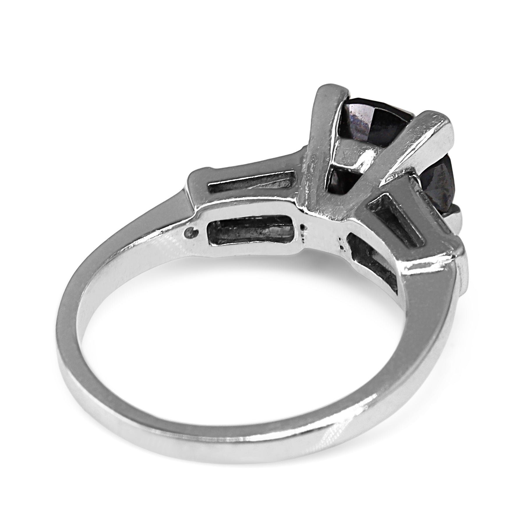 Platinum 2.00ct Black Diamond Solitaire Ring with White Tapered Baguettes