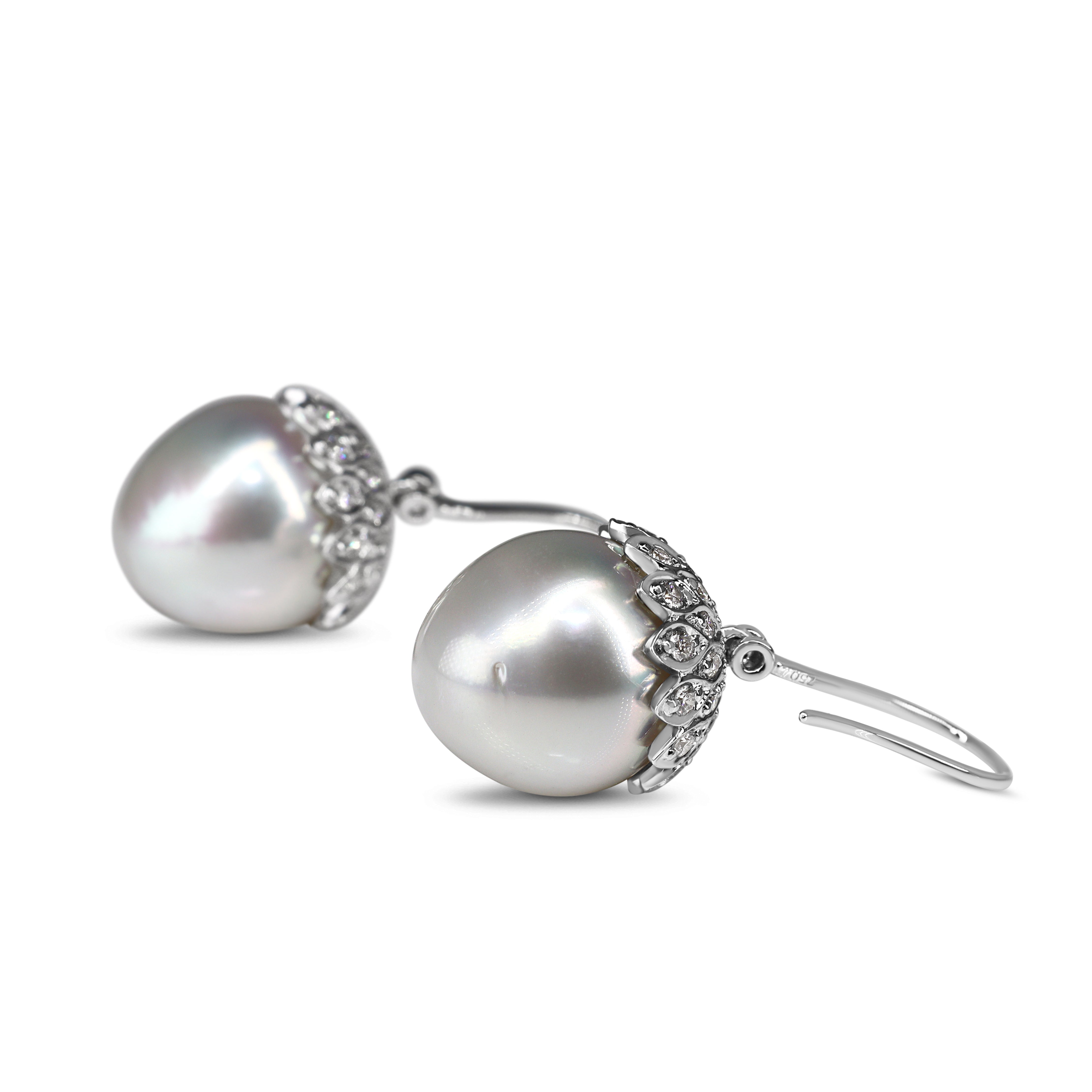 18ct White Gold 14mm South Sea Pearl and Diamond Acorn Style Earrings