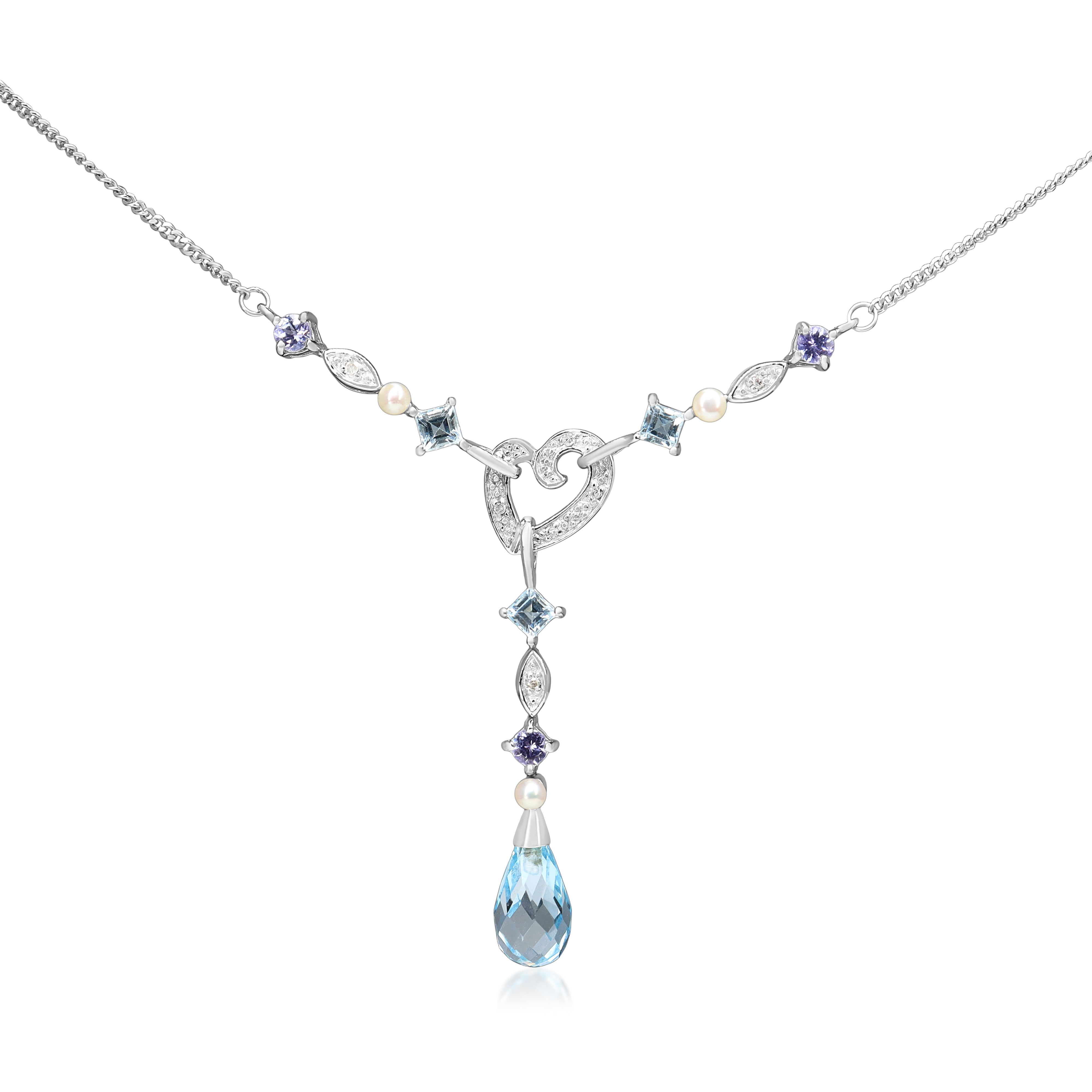 9ct White Gold Topaz, Tanzanite, Pearl and Diamond Necklace