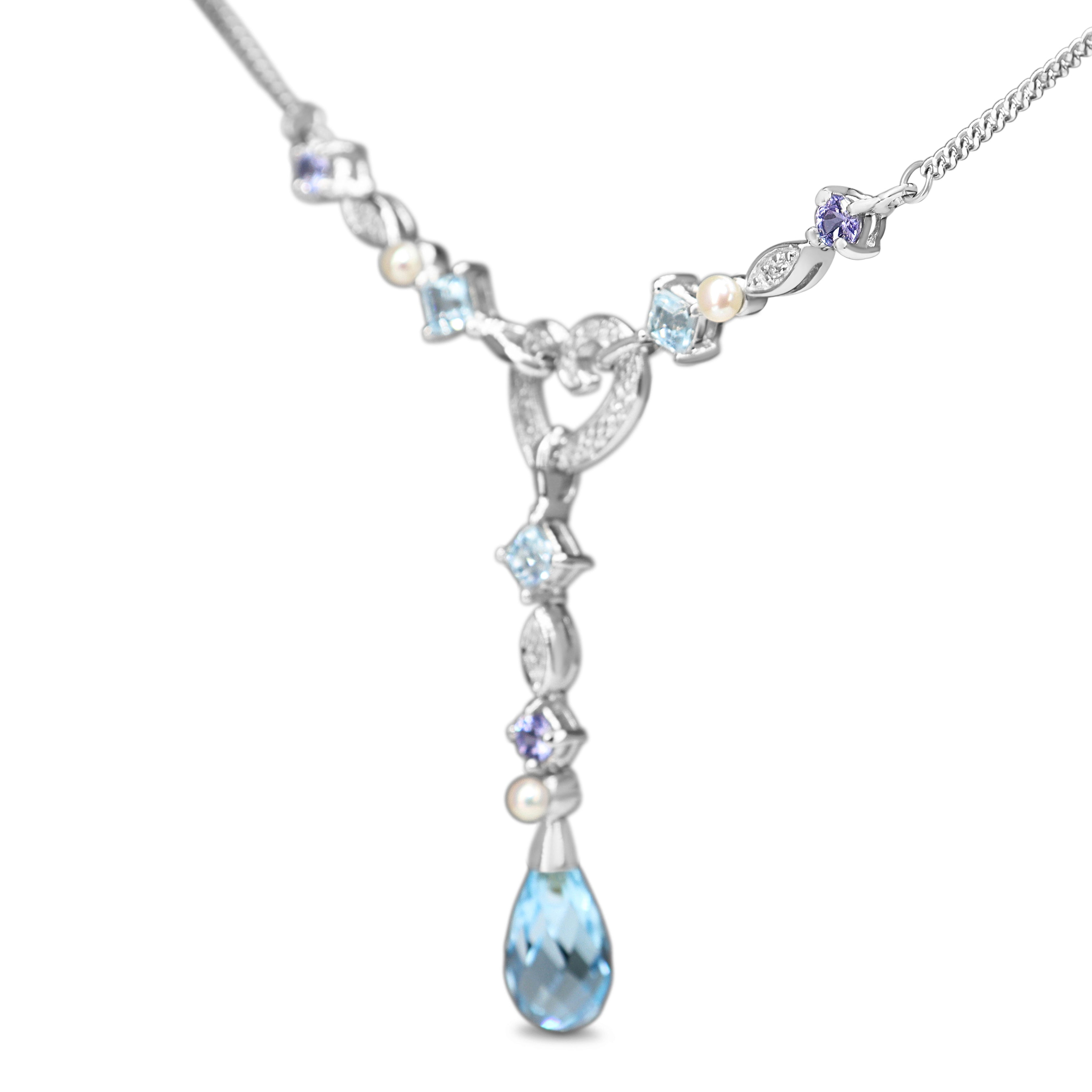 9ct White Gold Topaz, Tanzanite, Pearl and Diamond Necklace