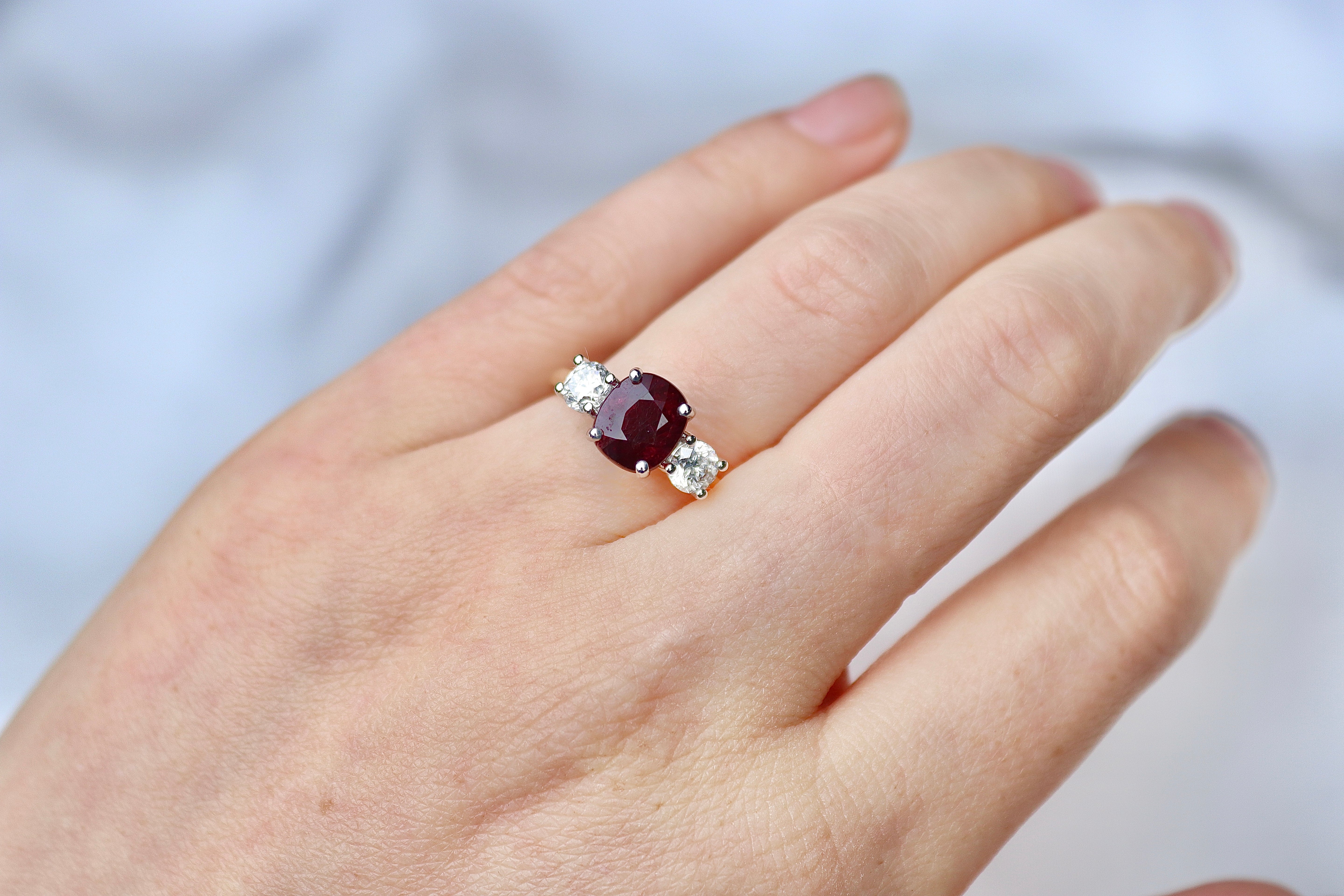 18ct Yellow and White Gold Oval Ruby and Round Diamond 3 Stone Ring