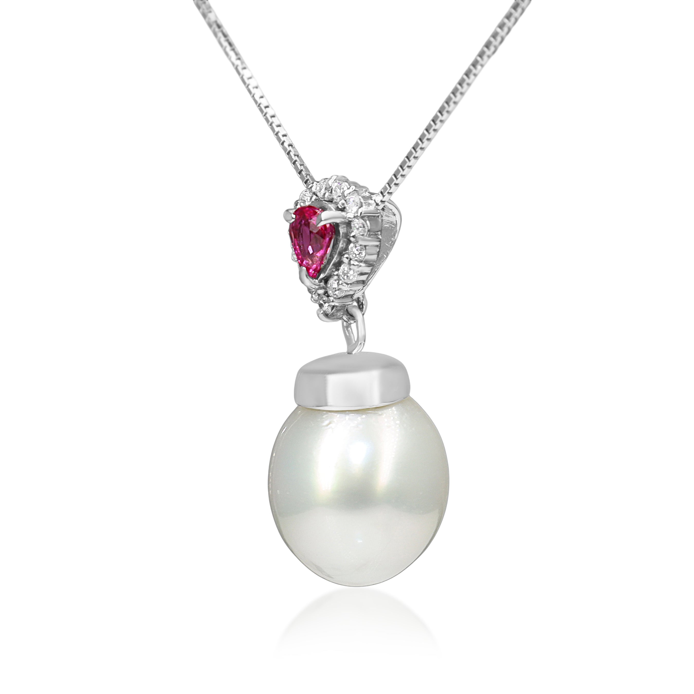 18ct White Gold Ruby, Diamond and South Sea 12mm Pearl Necklace