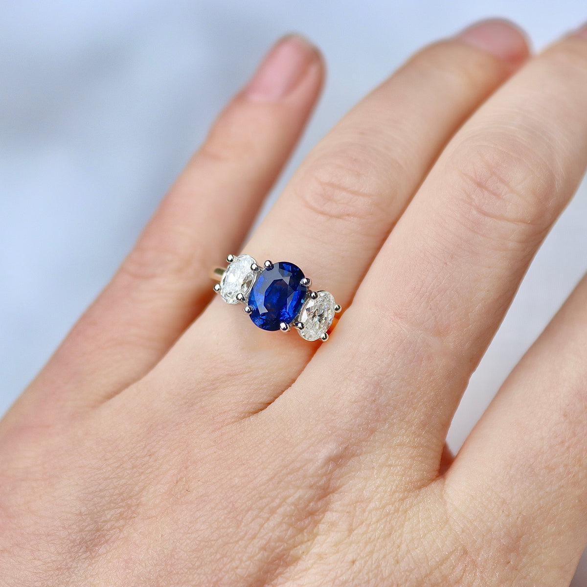 18ct Yellow and White Gold Oval Sapphire and Diamond 3 Stone Ring