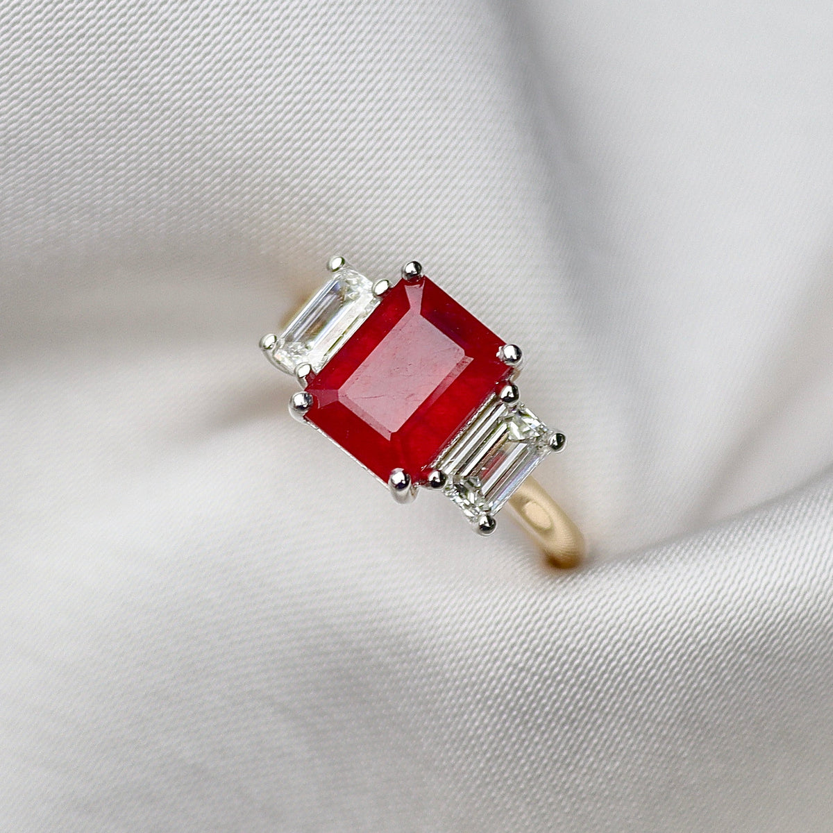 18ct Yellow and White Gold Emerald Cut Ruby and Diamond 3 Stone Ring
