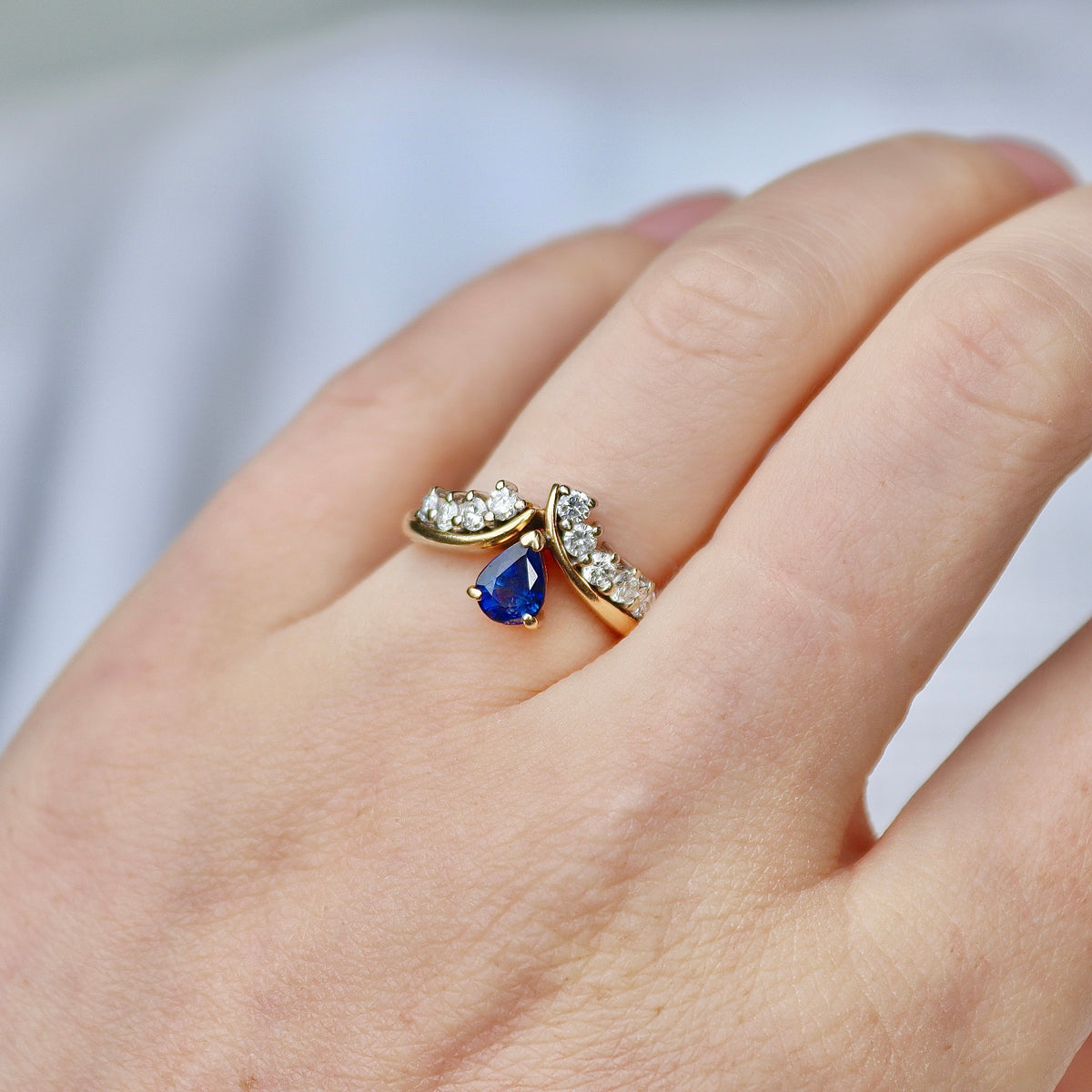 14ct Yellow and White Gold Pear Shaped Sapphire and Diamond Tiara Style Ring