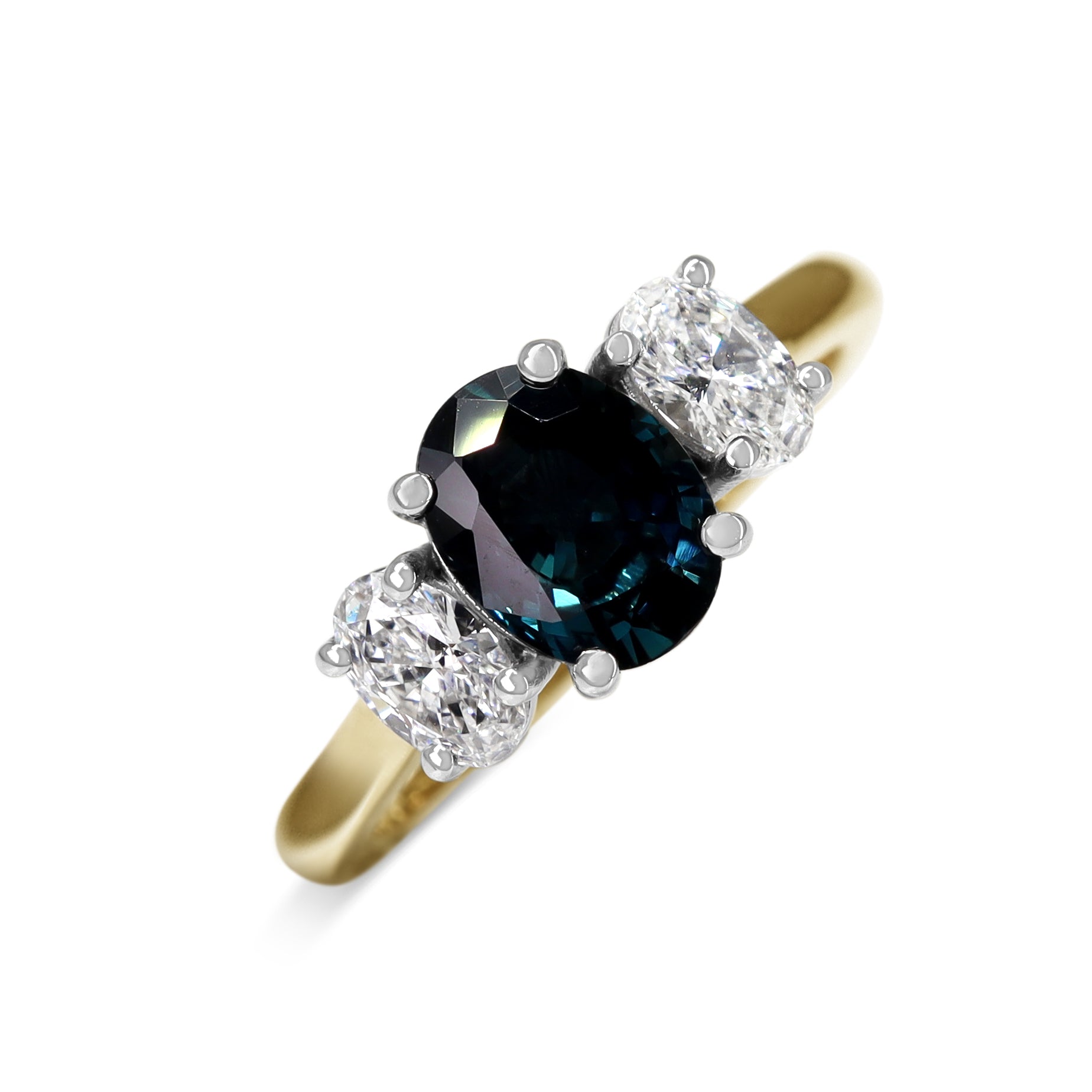 18ct Yellow and White Gold Oval Sapphire and Diamond 3 Stone Ring