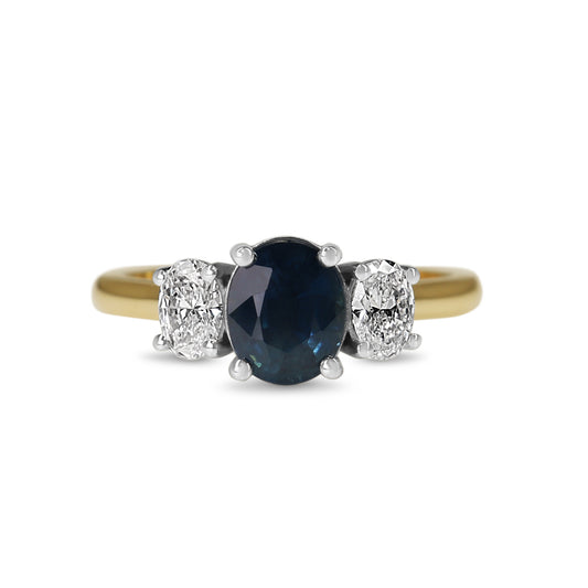 18ct Yellow and White Gold Oval Sapphire and Diamond 3 Stone Ring