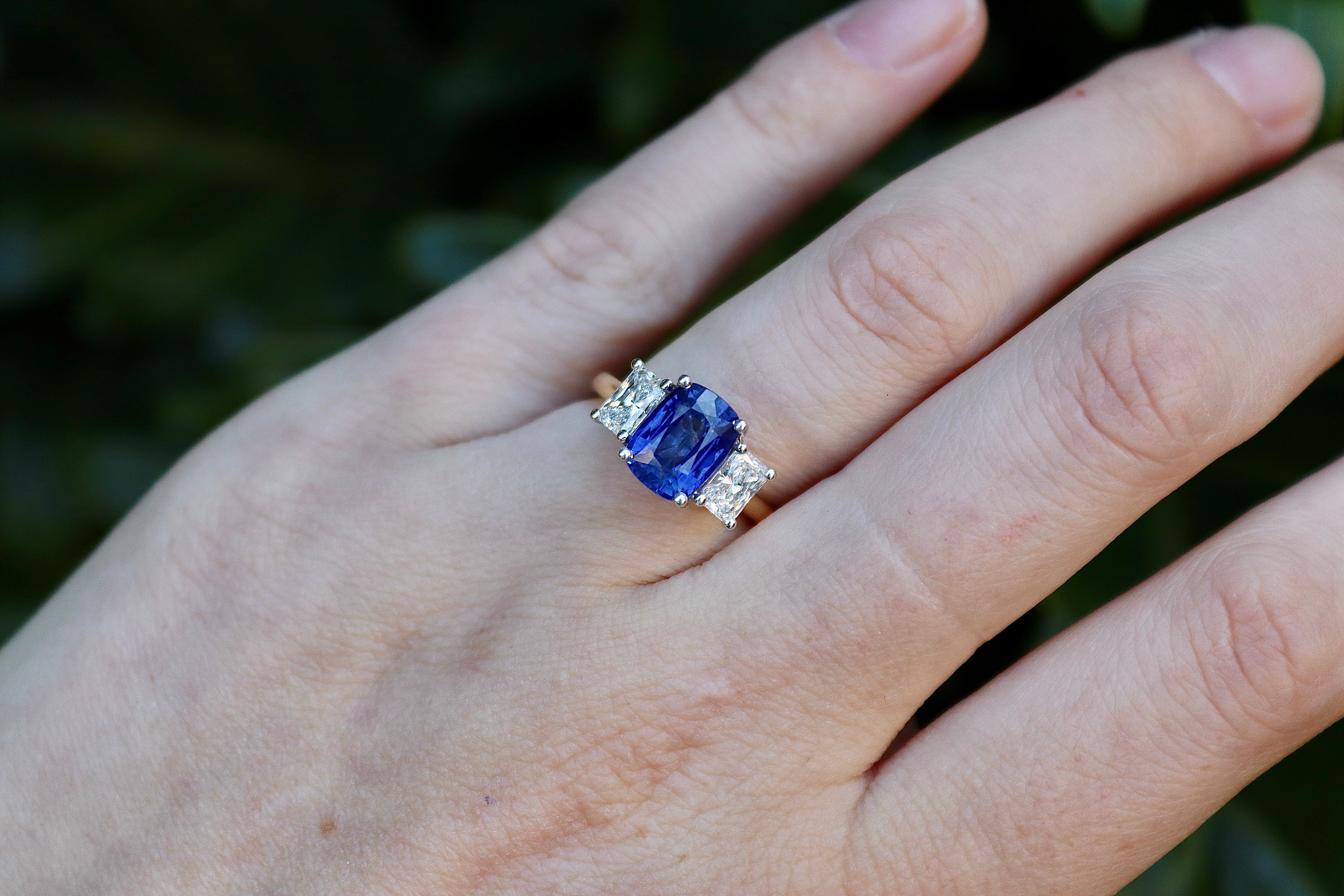 18ct Yellow and White Gold Cushion Sapphire and Radiant Cut Diamond 3 Stone Ring