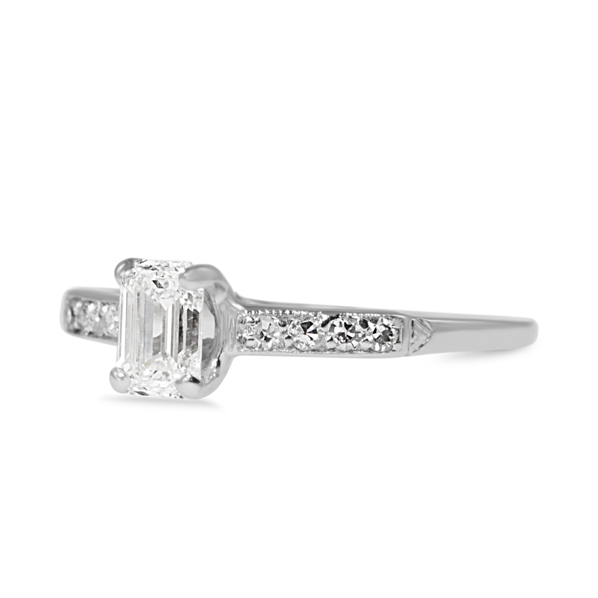 Platinum Vintage Emerald and Single Cut Diamond Ring