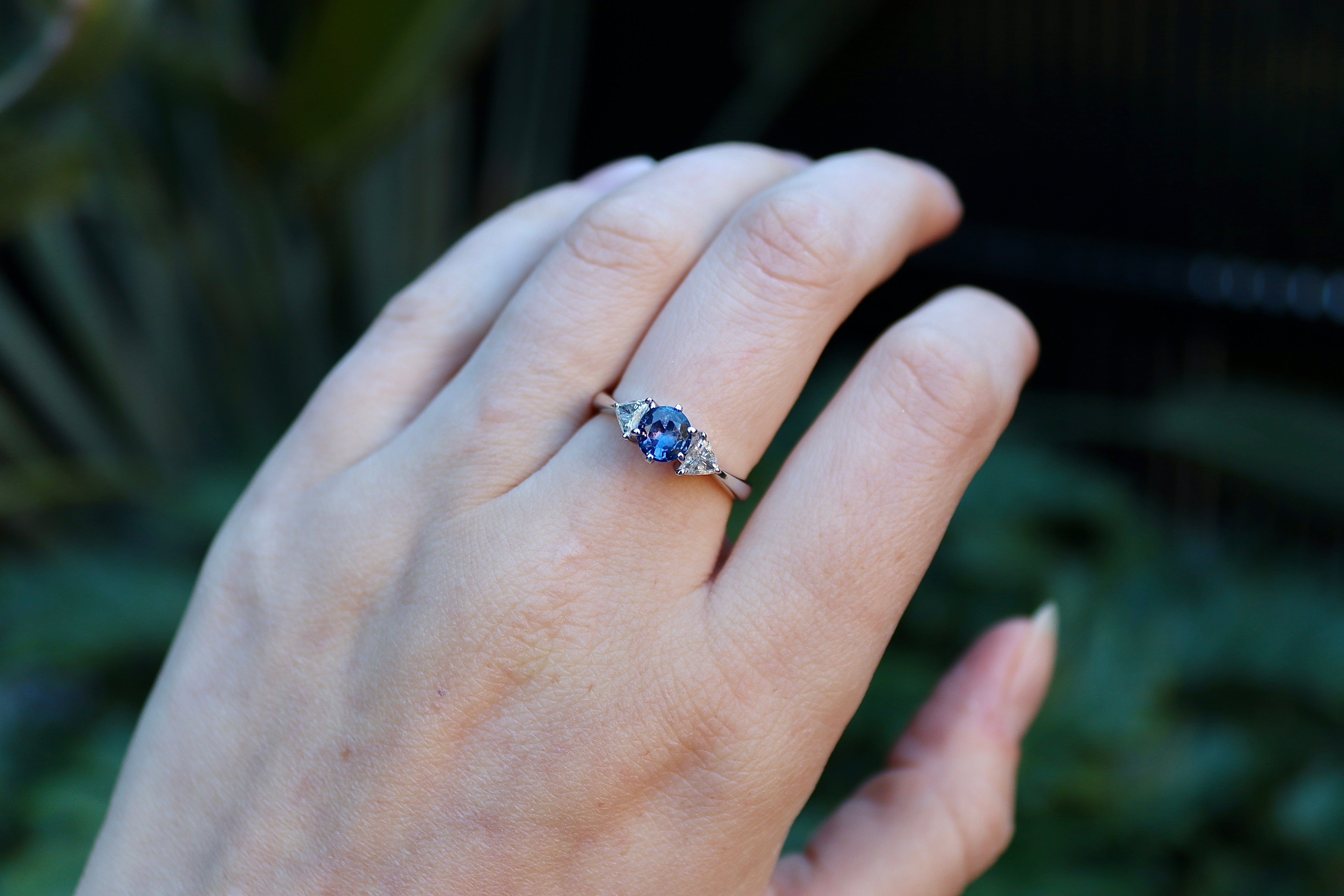 18ct White Gold Round Sapphire and Trillion Diamond 3 Stone Ring