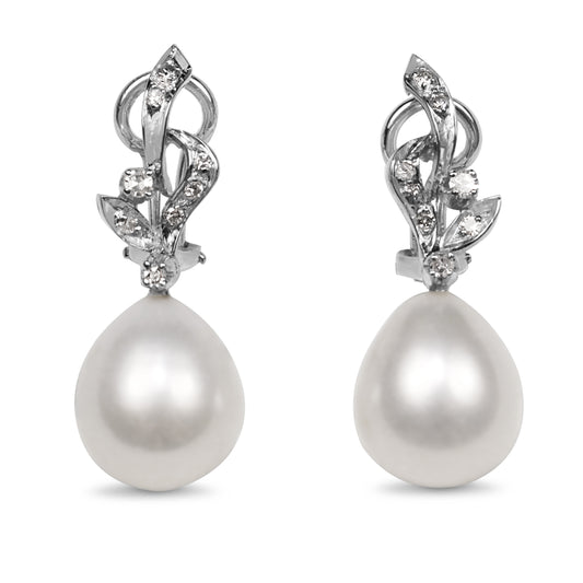 Palladium 11mm Fresh Water Pearl and Diamond Drop Earrings